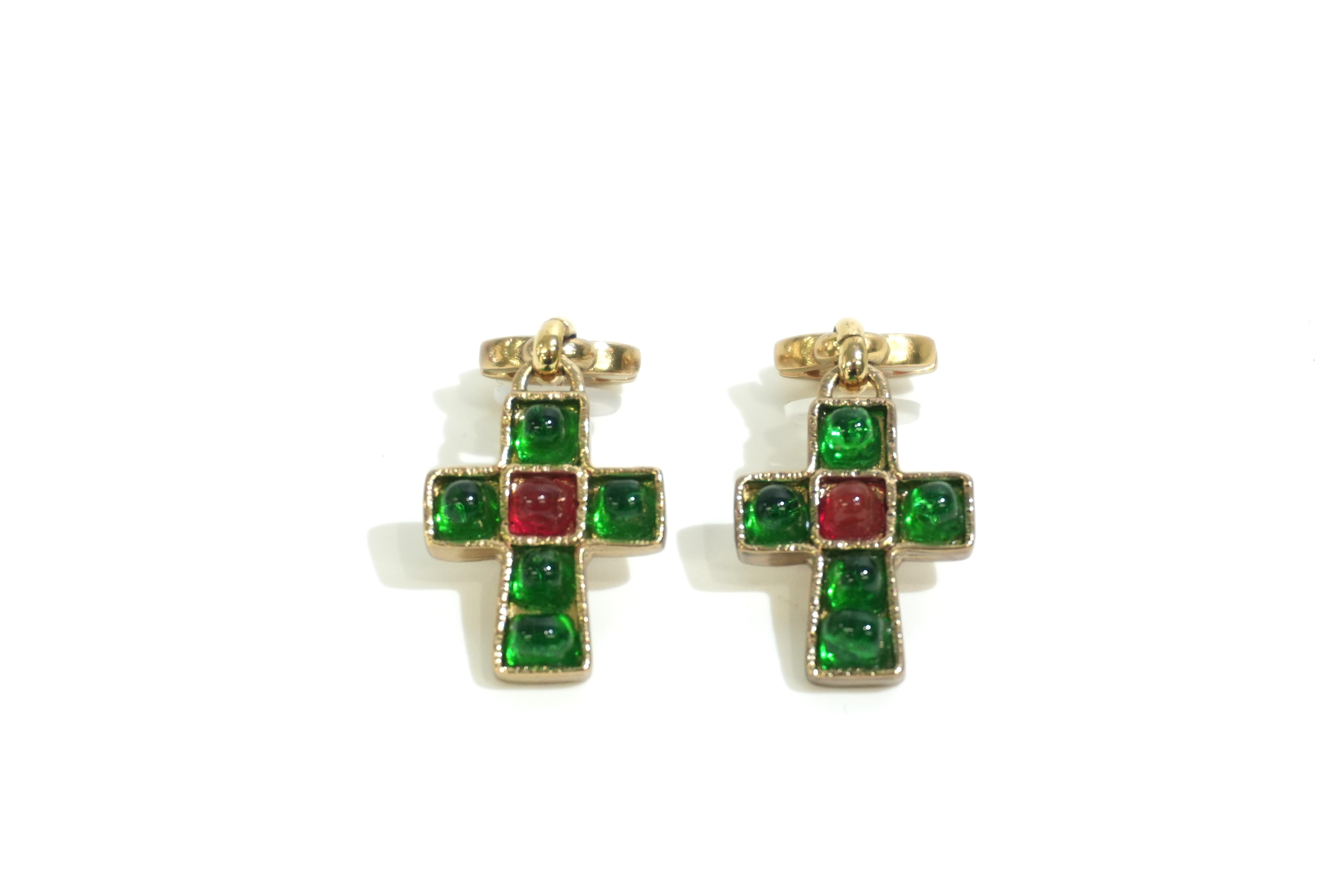 Pre-owned Chanel Steel Crucifix Earrings Red and Green