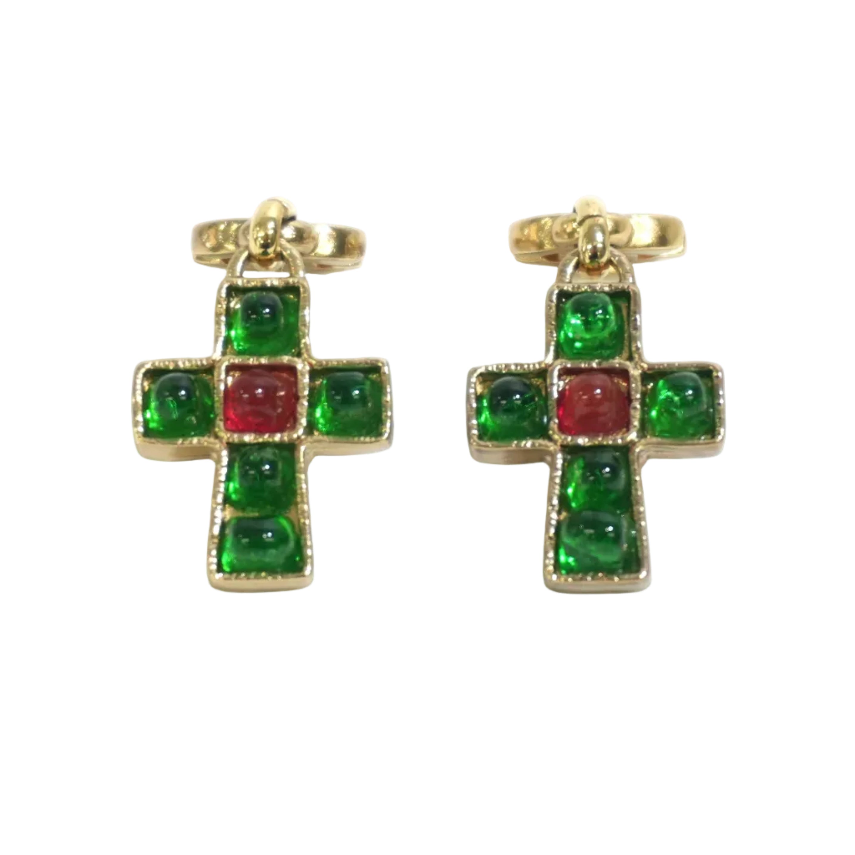 Pre-owned Chanel Steel Crucifix Earrings Red and Green