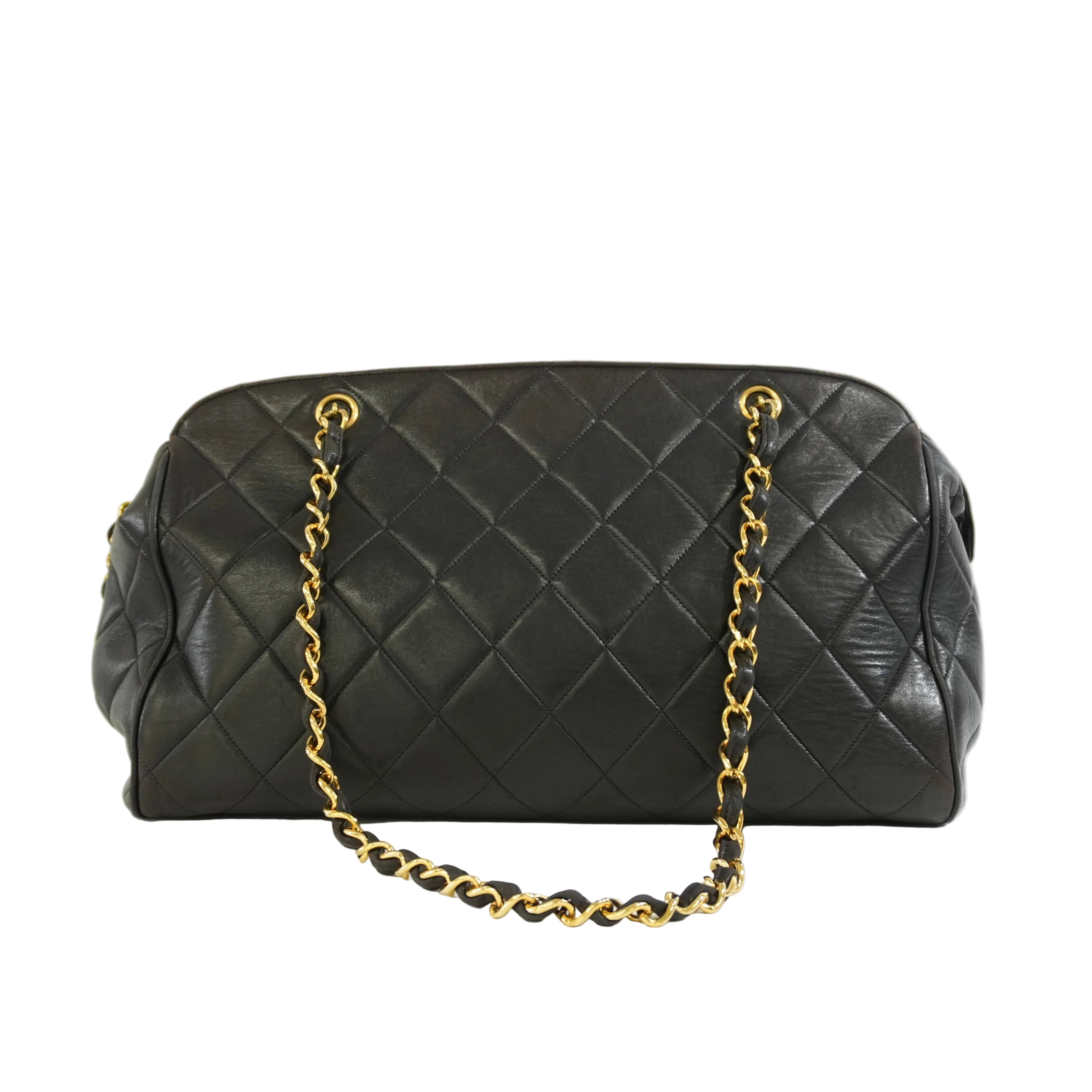 Pre-owned Chanel Lambskin Leather Quilted Chain Tote Bag Black