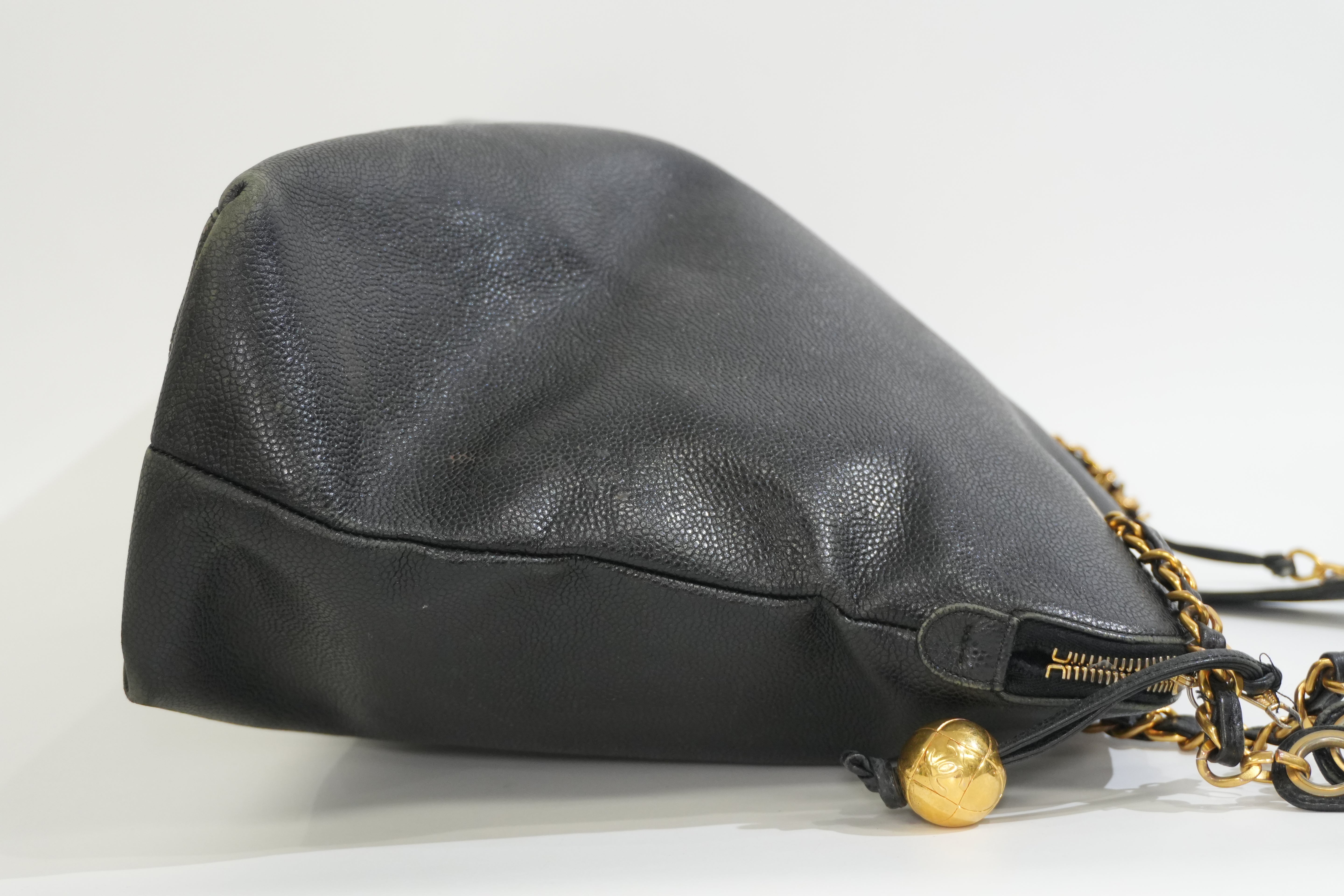 Pre-owned Caviar Skin Leather Chain Shoulder Tote Bag Black