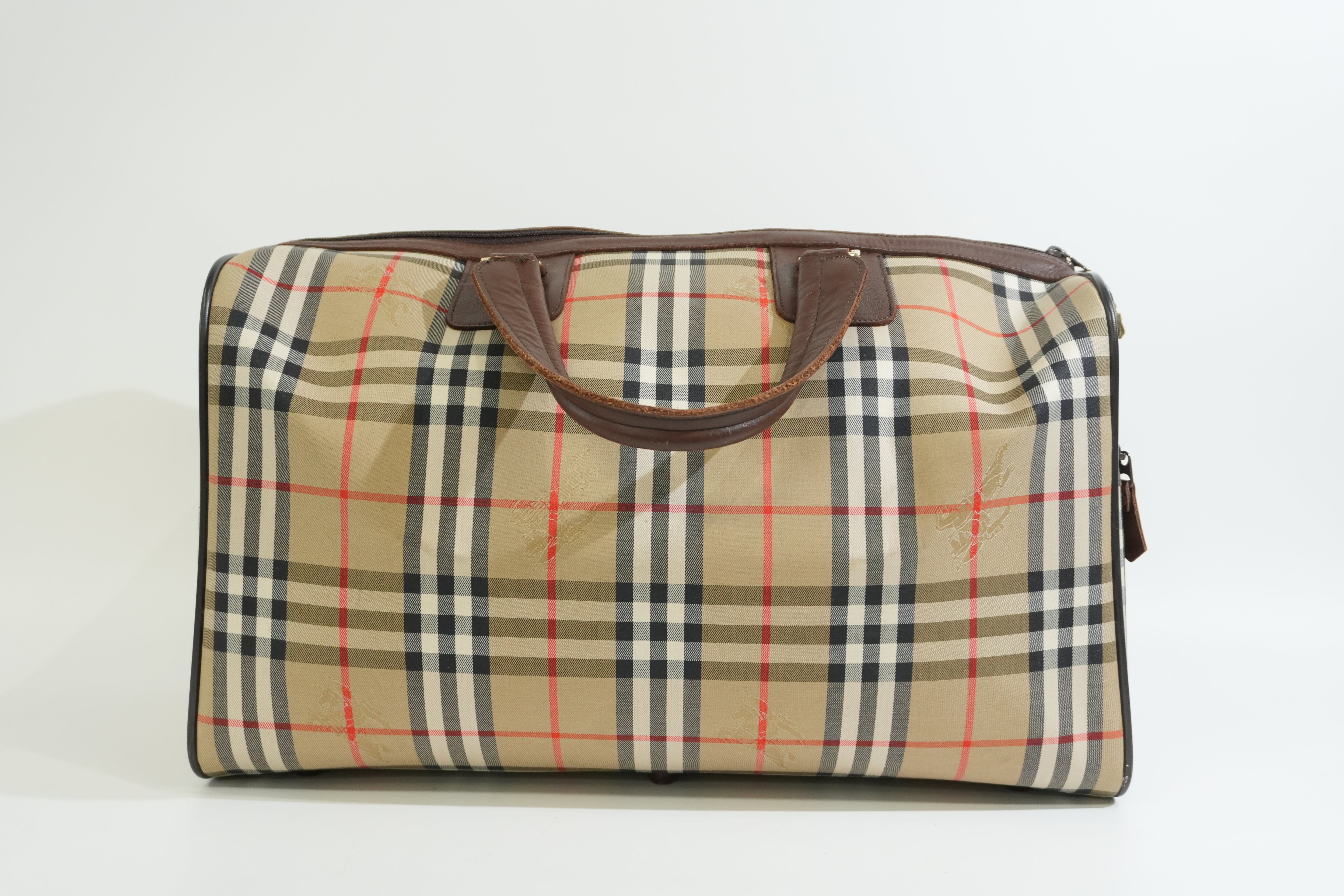 Pre-owned Burberry Haymarket Check Duffle Bag Size 45 Brown