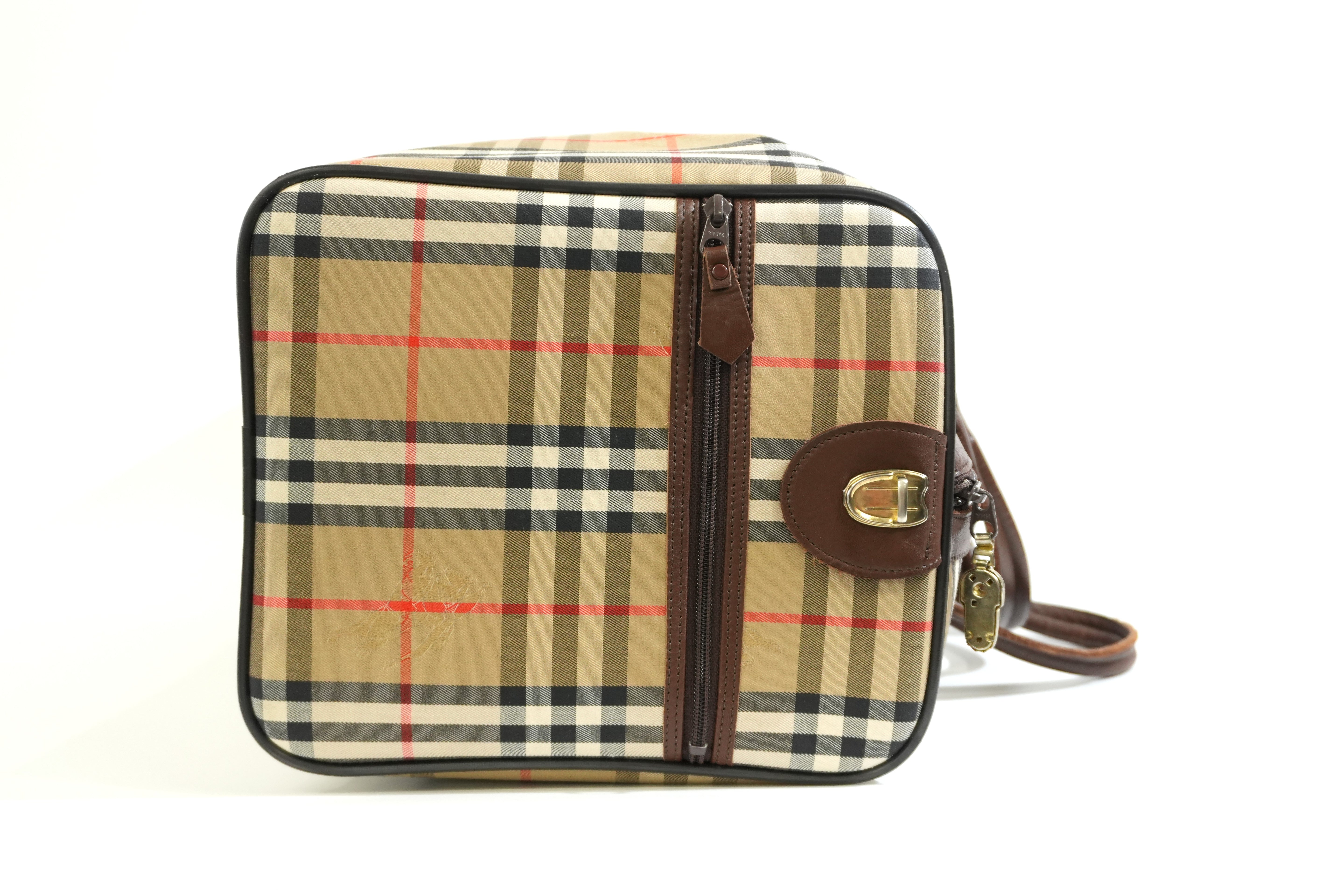 Pre-owned Burberry Haymarket Check Duffle Bag Size 45 Brown