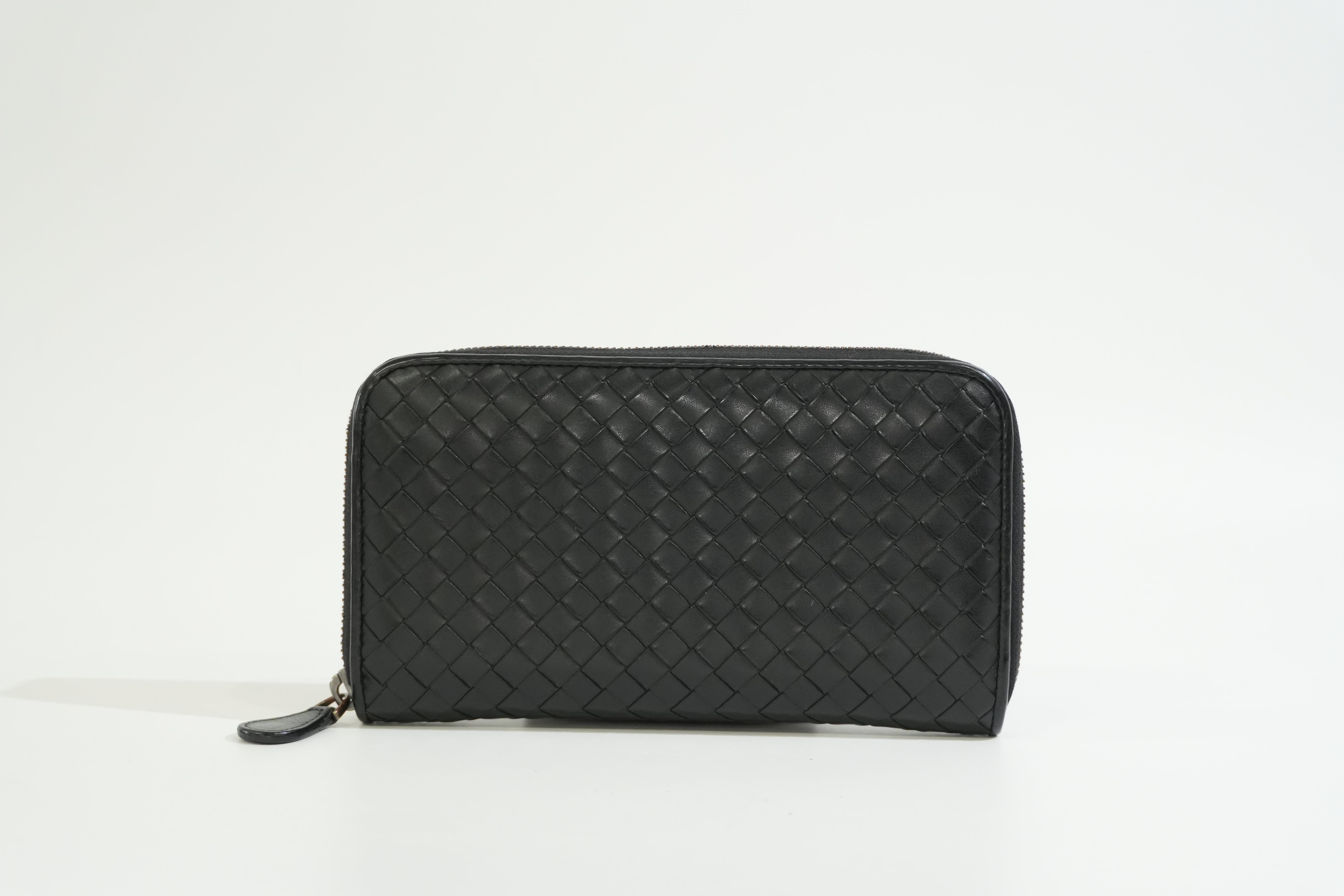 Pre-owned Bottega Intercciato Zippy Long Wallet Black