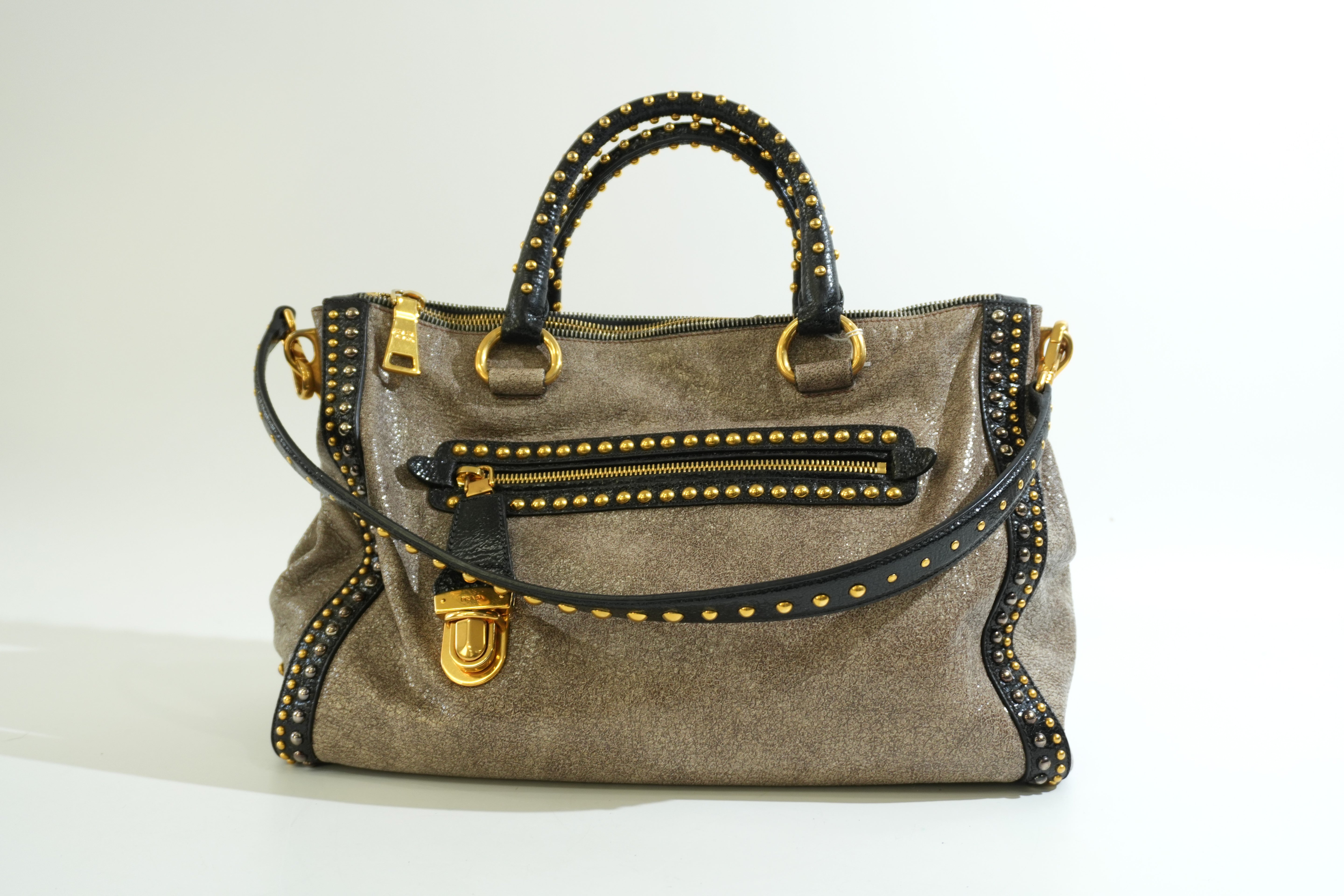 Pre-owned Prada Two Way Talco Craquele Studded Handbag Brown