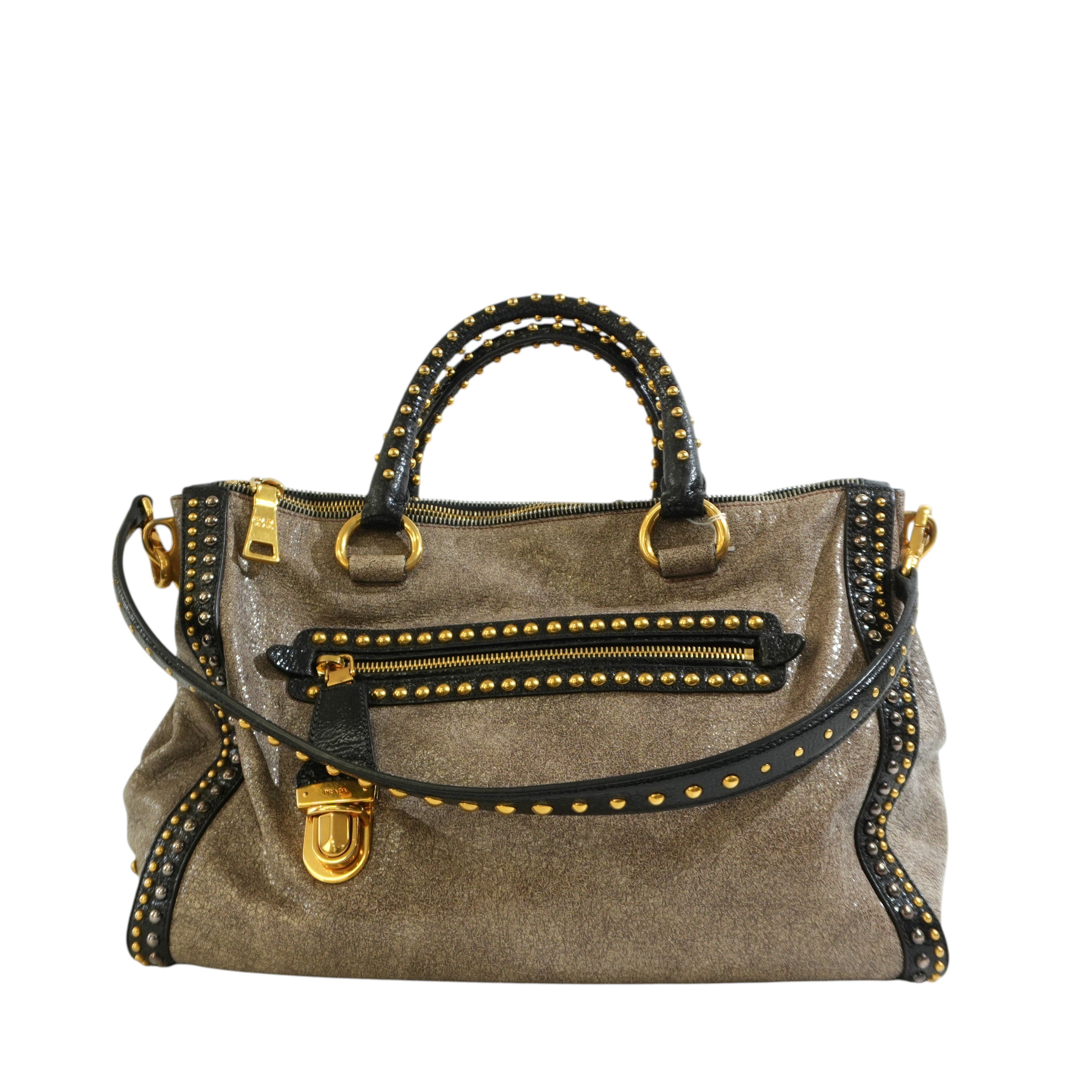 Pre-owned Prada Two Way Talco Craquele Studded Handbag Brown
