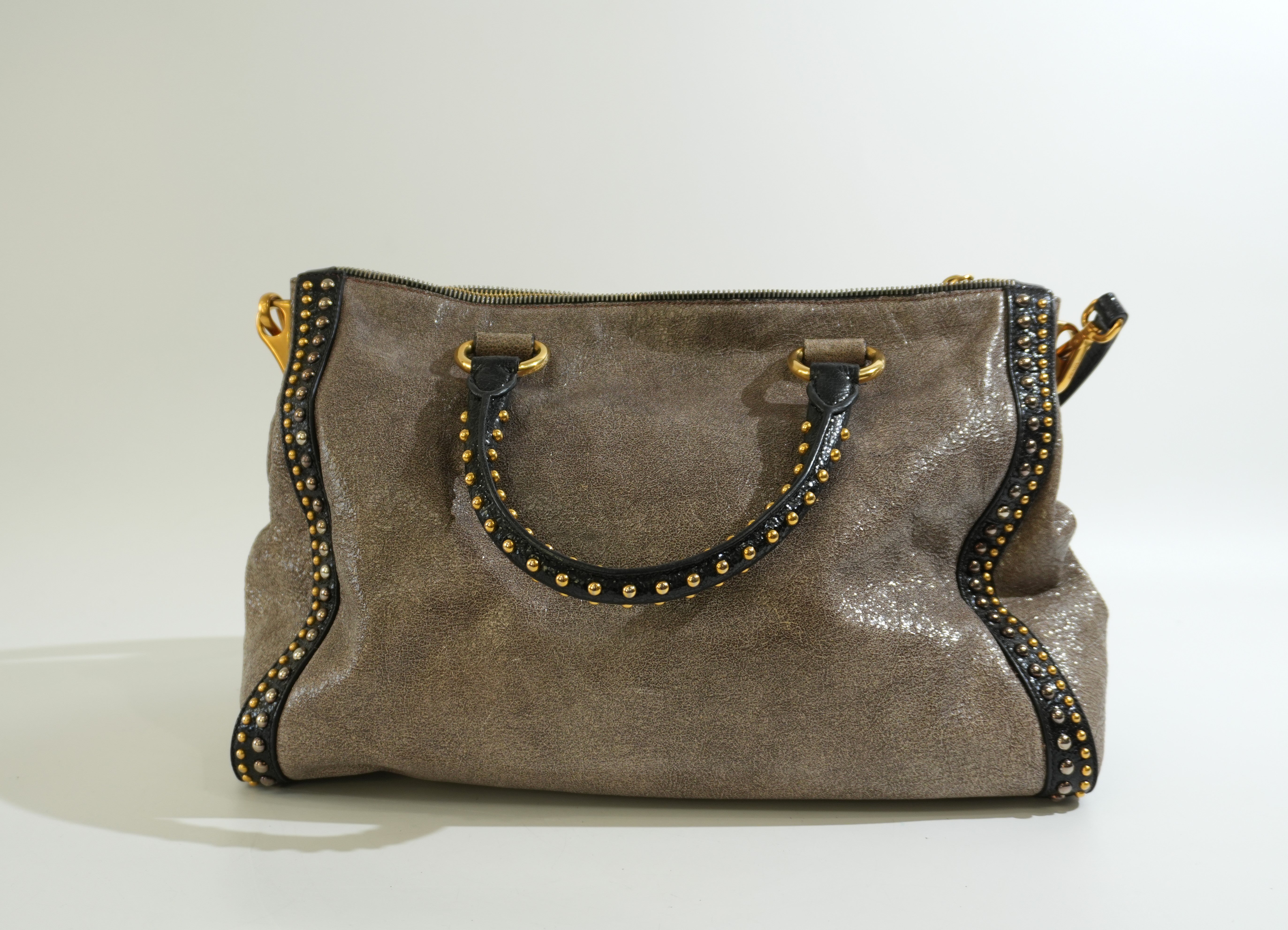 Pre-owned Prada Two Way Talco Craquele Studded Handbag Brown