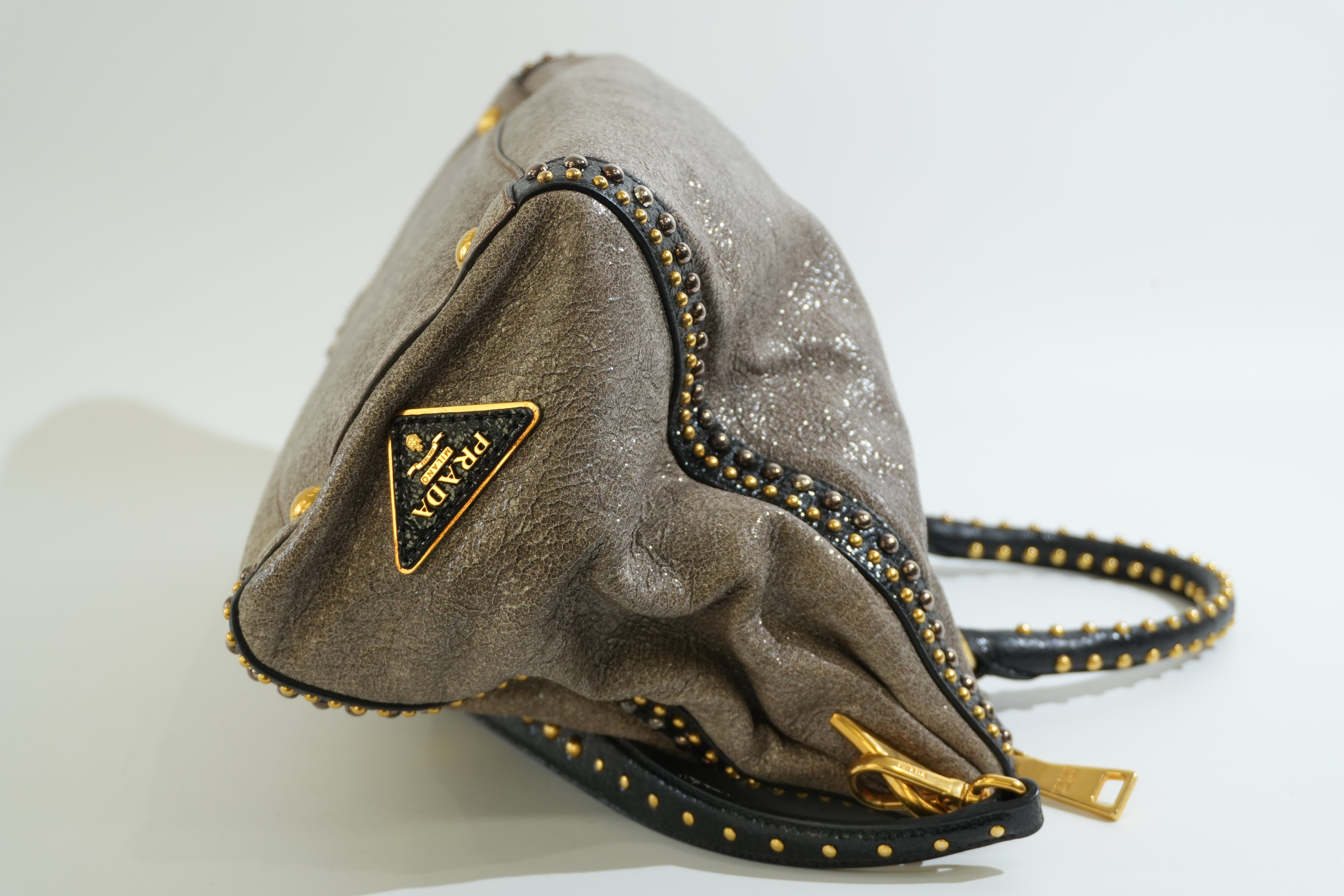 Pre-owned Prada Two Way Talco Craquele Studded Handbag Brown
