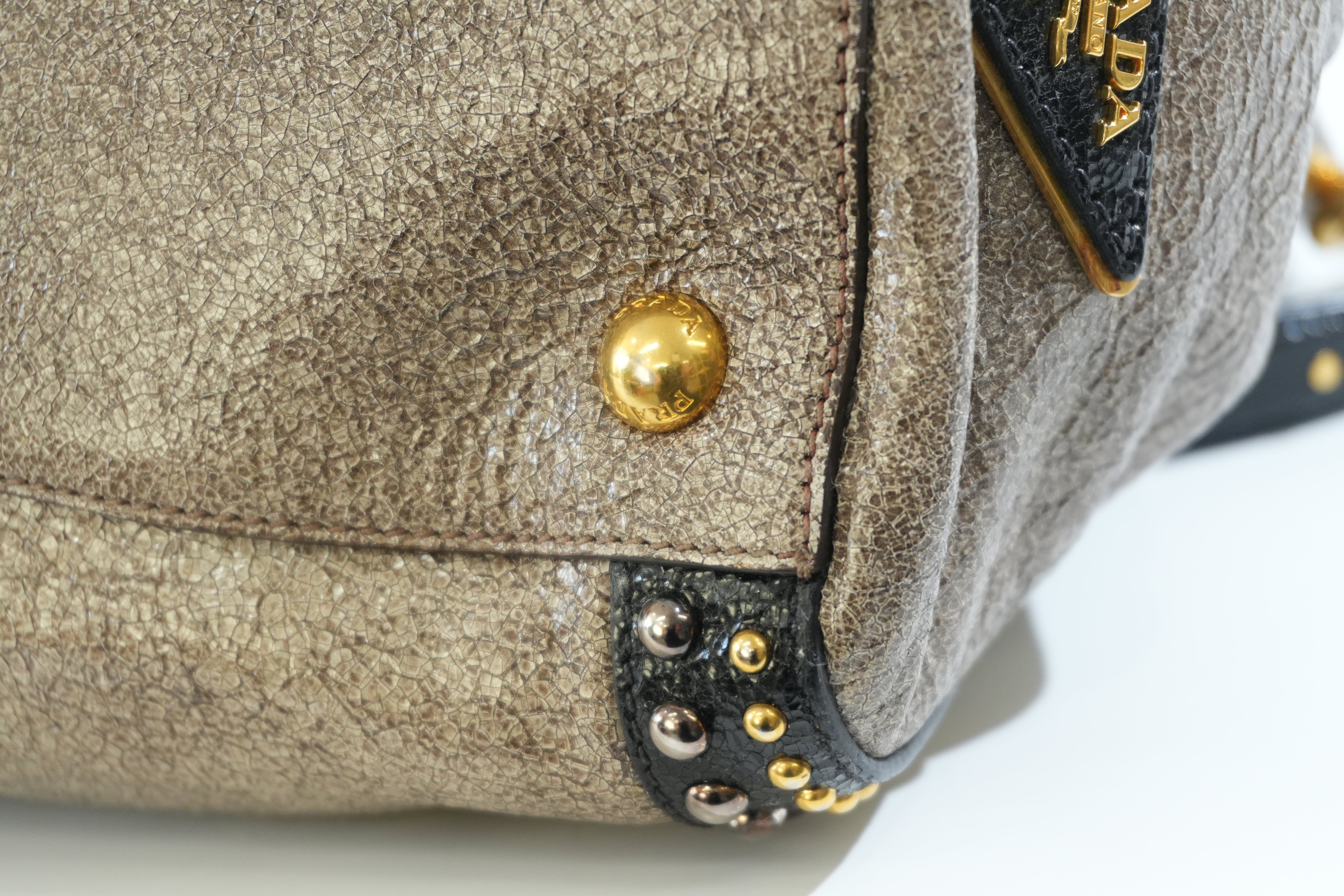 Pre-owned Prada Two Way Talco Craquele Studded Handbag Brown