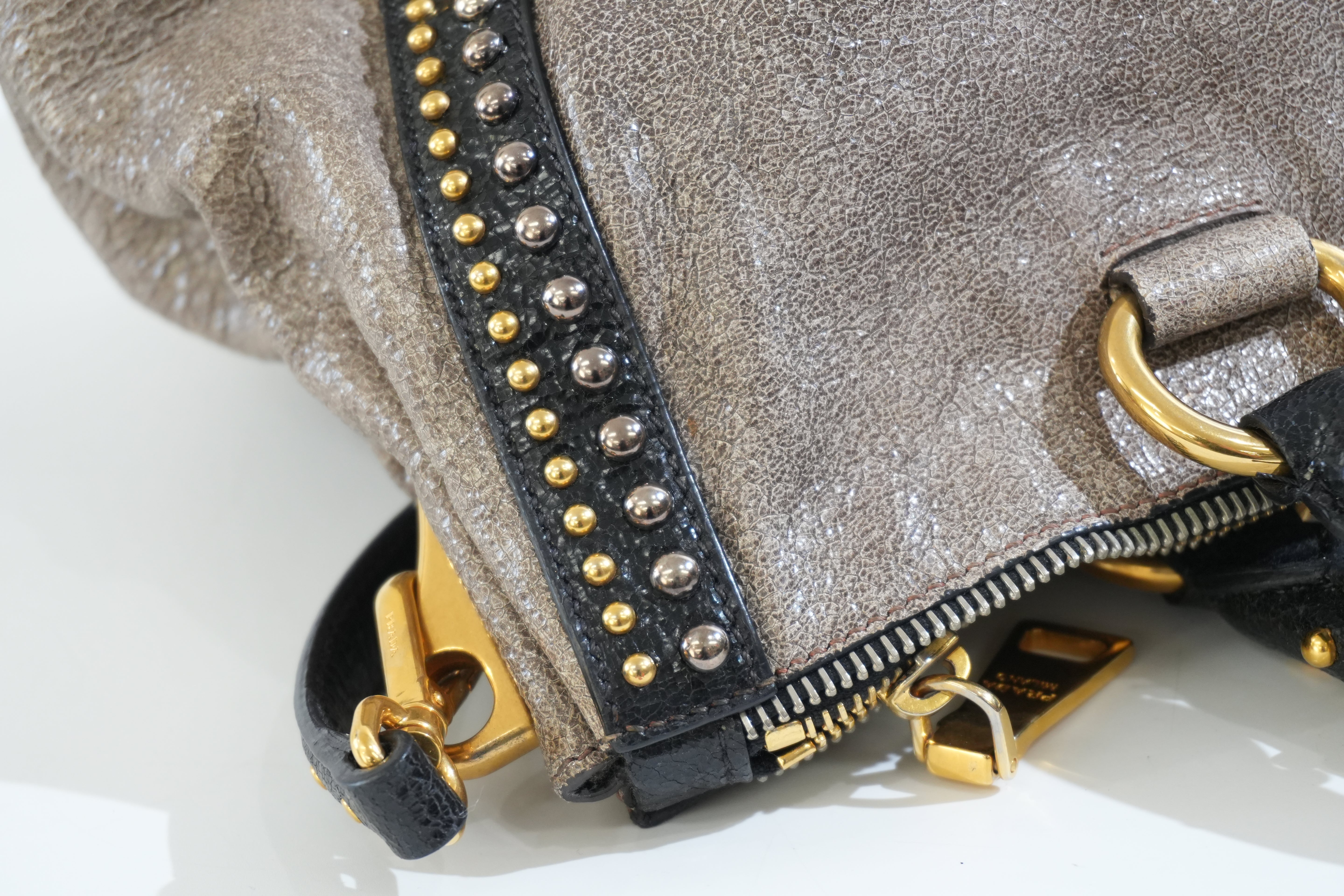 Pre-owned Prada Two Way Talco Craquele Studded Handbag Brown