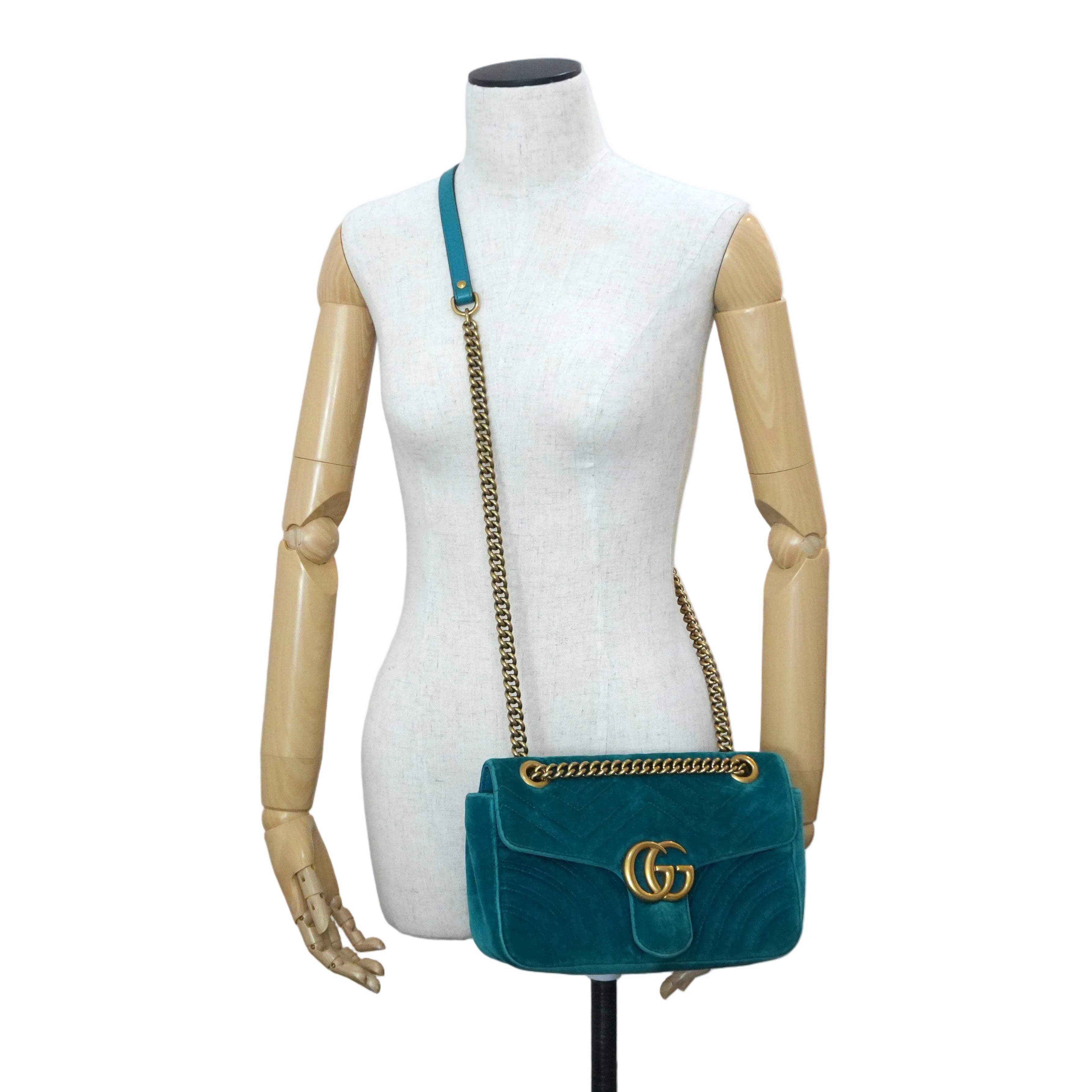 Pre-owned Gucci Velvet Suede Leather Marmont Chain Shoulder Bag Blue Green