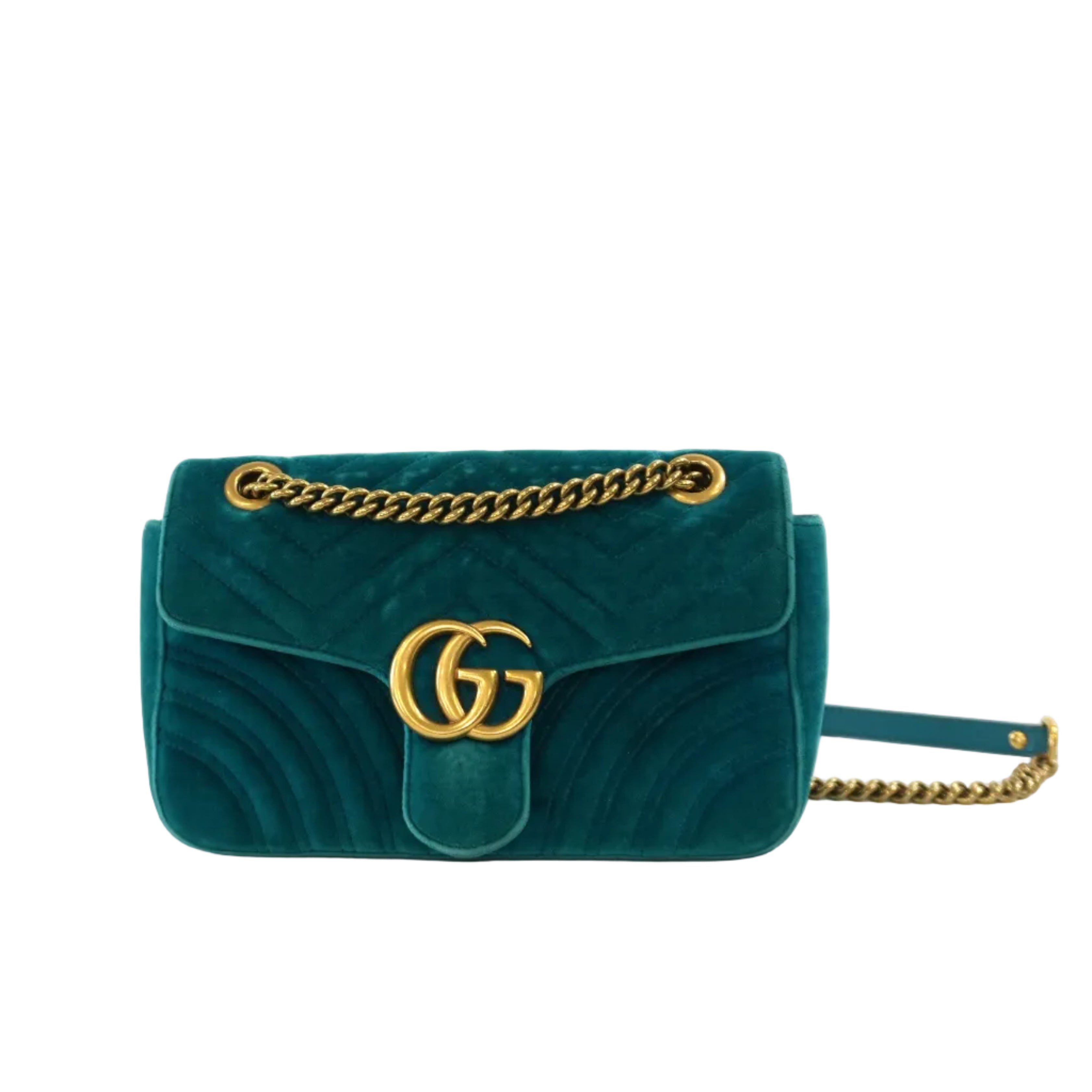 Pre-owned Gucci Velvet Suede Leather Marmont Chain Shoulder Bag Blue Green