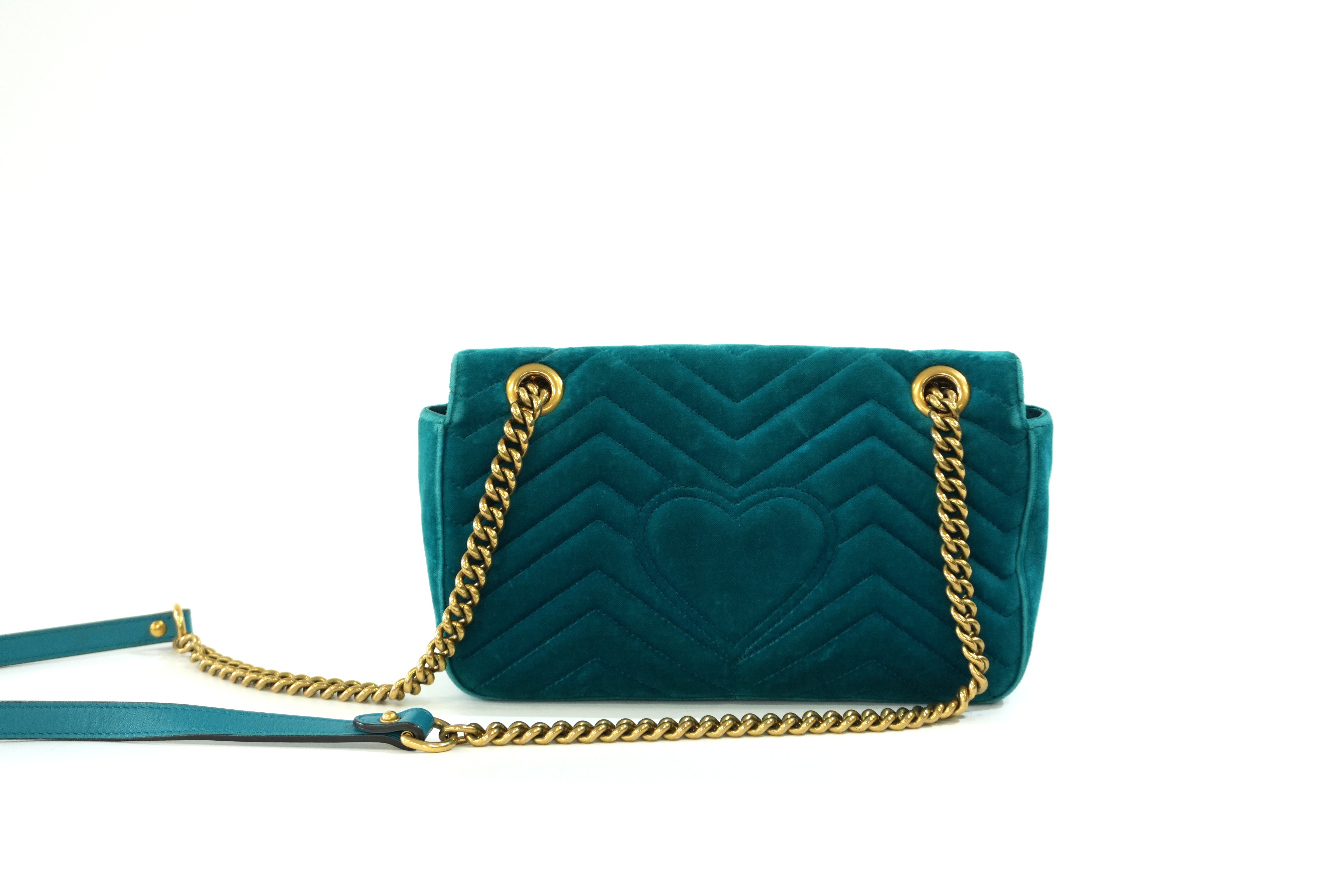 Pre-owned Gucci Velvet Suede Leather Marmont Chain Shoulder Bag Blue Green
