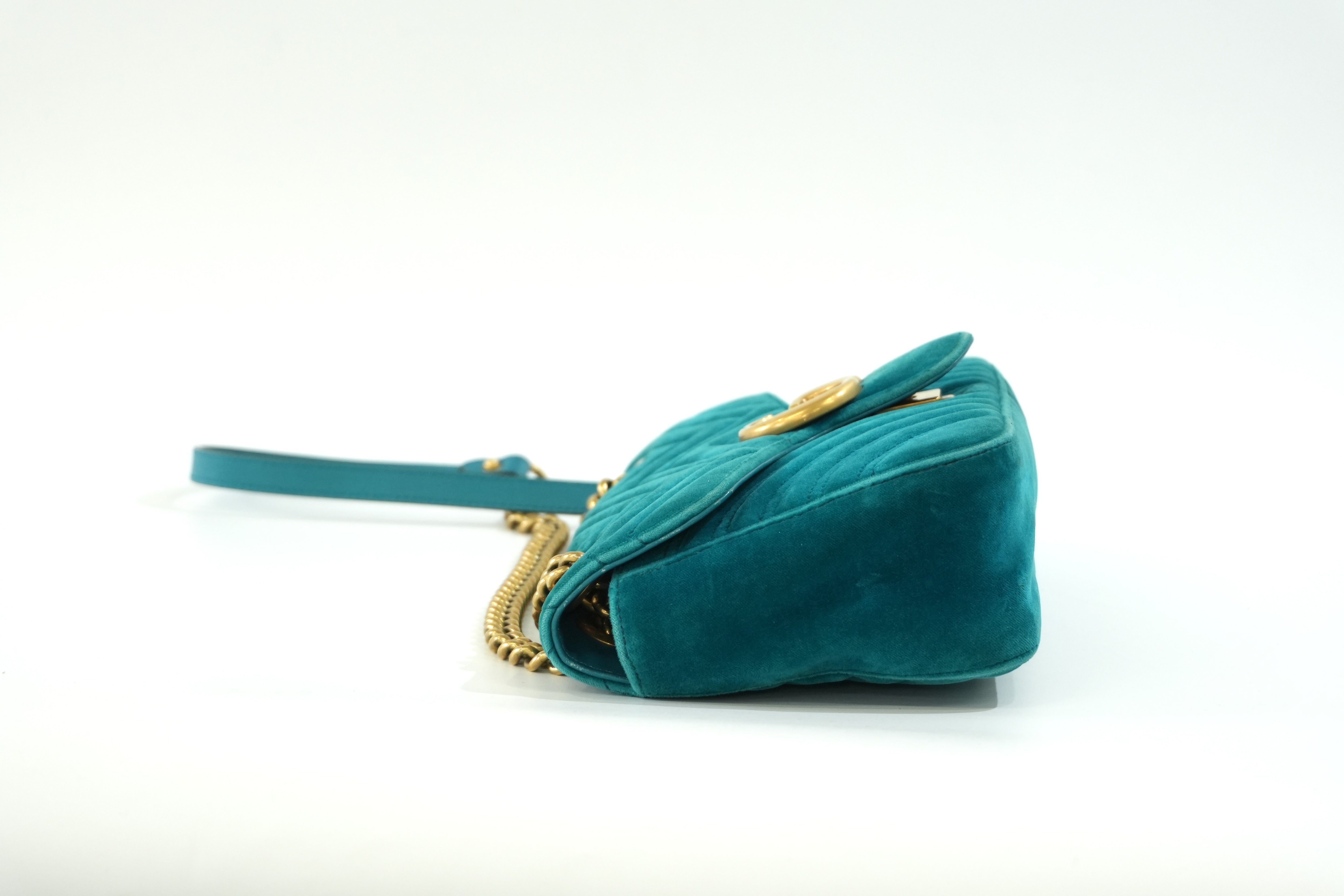 Pre-owned Gucci Velvet Suede Leather Marmont Chain Shoulder Bag Blue Green