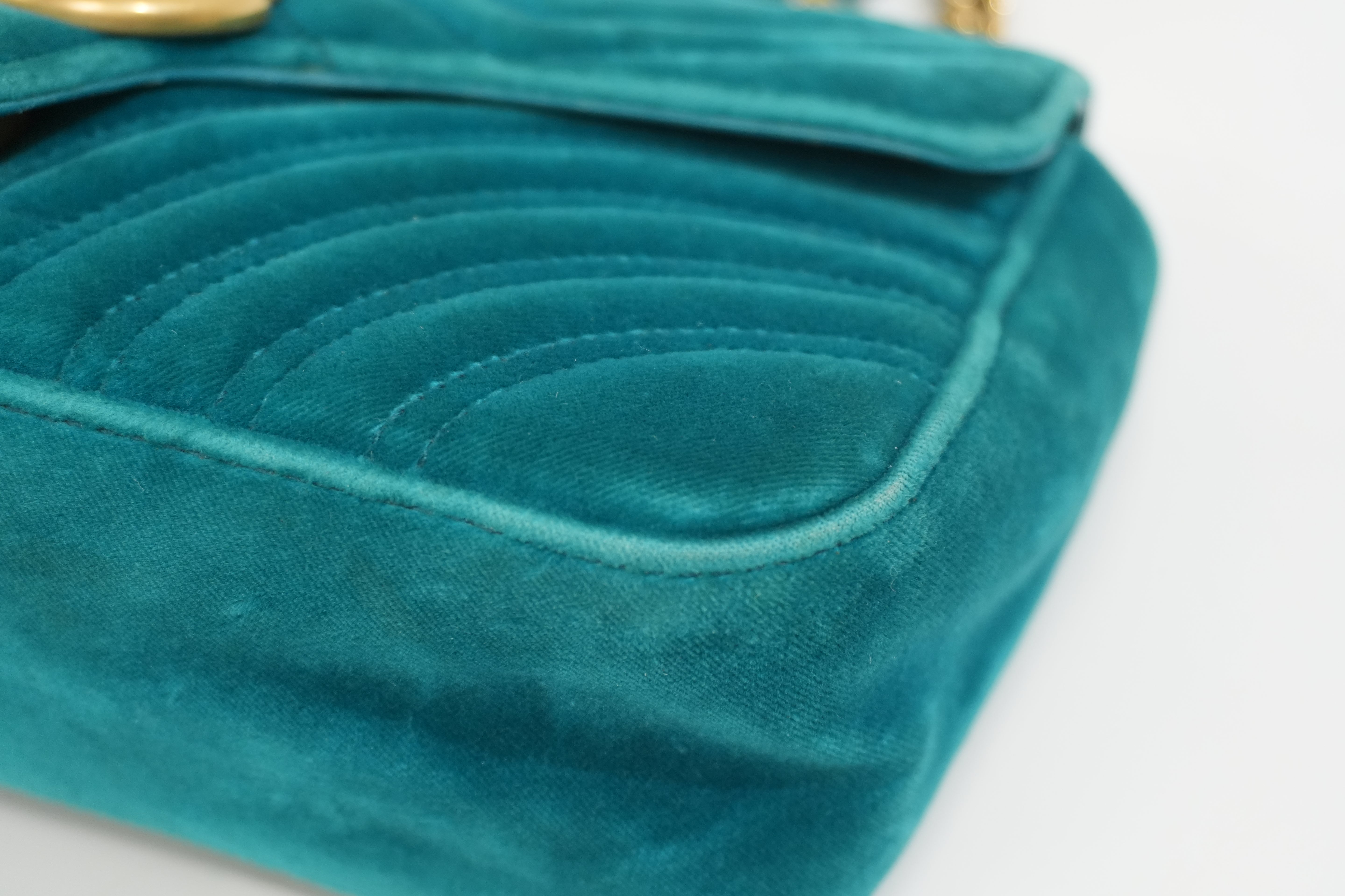 Pre-owned Gucci Velvet Suede Leather Marmont Chain Shoulder Bag Blue Green