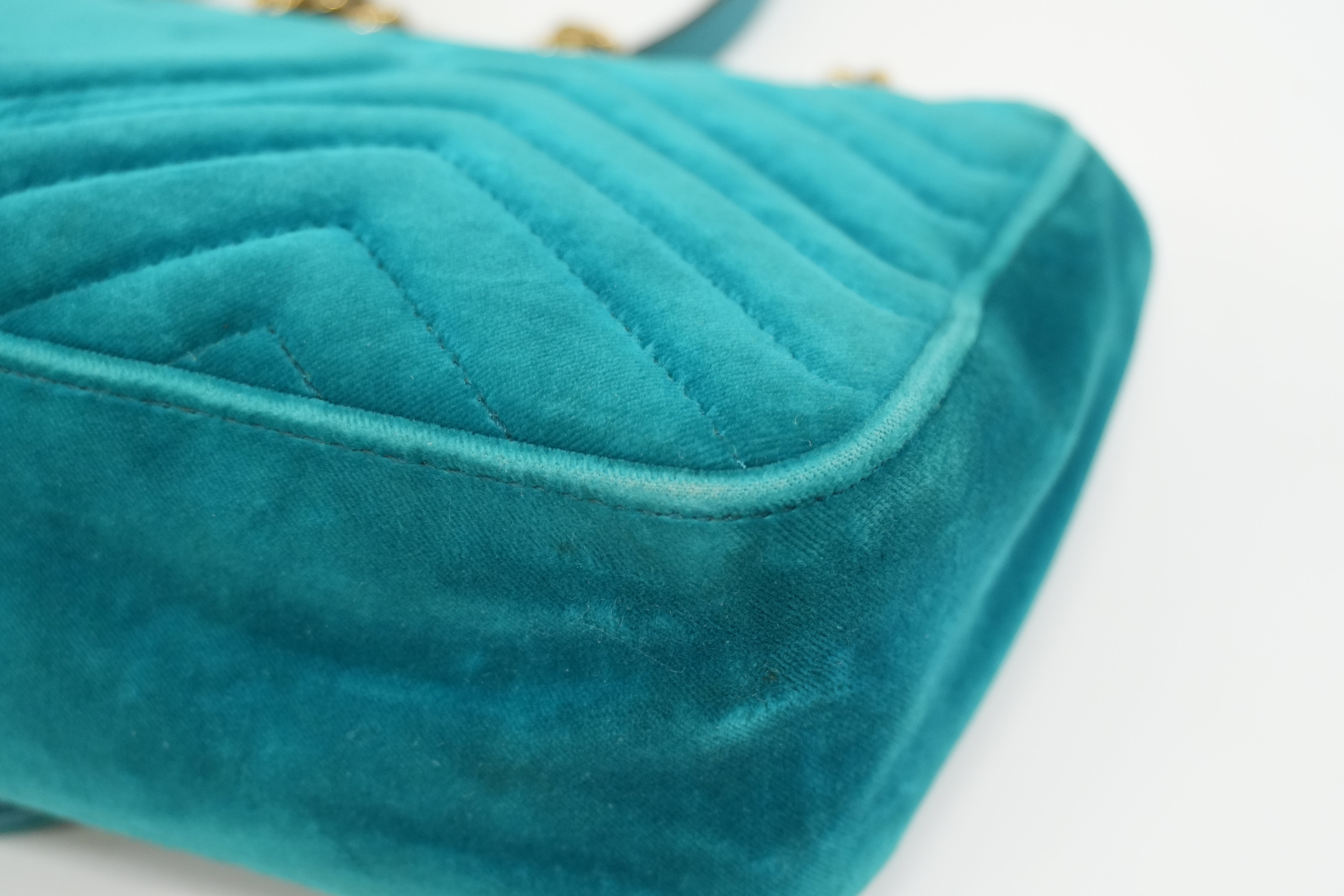 Pre-owned Gucci Velvet Suede Leather Marmont Chain Shoulder Bag Blue Green