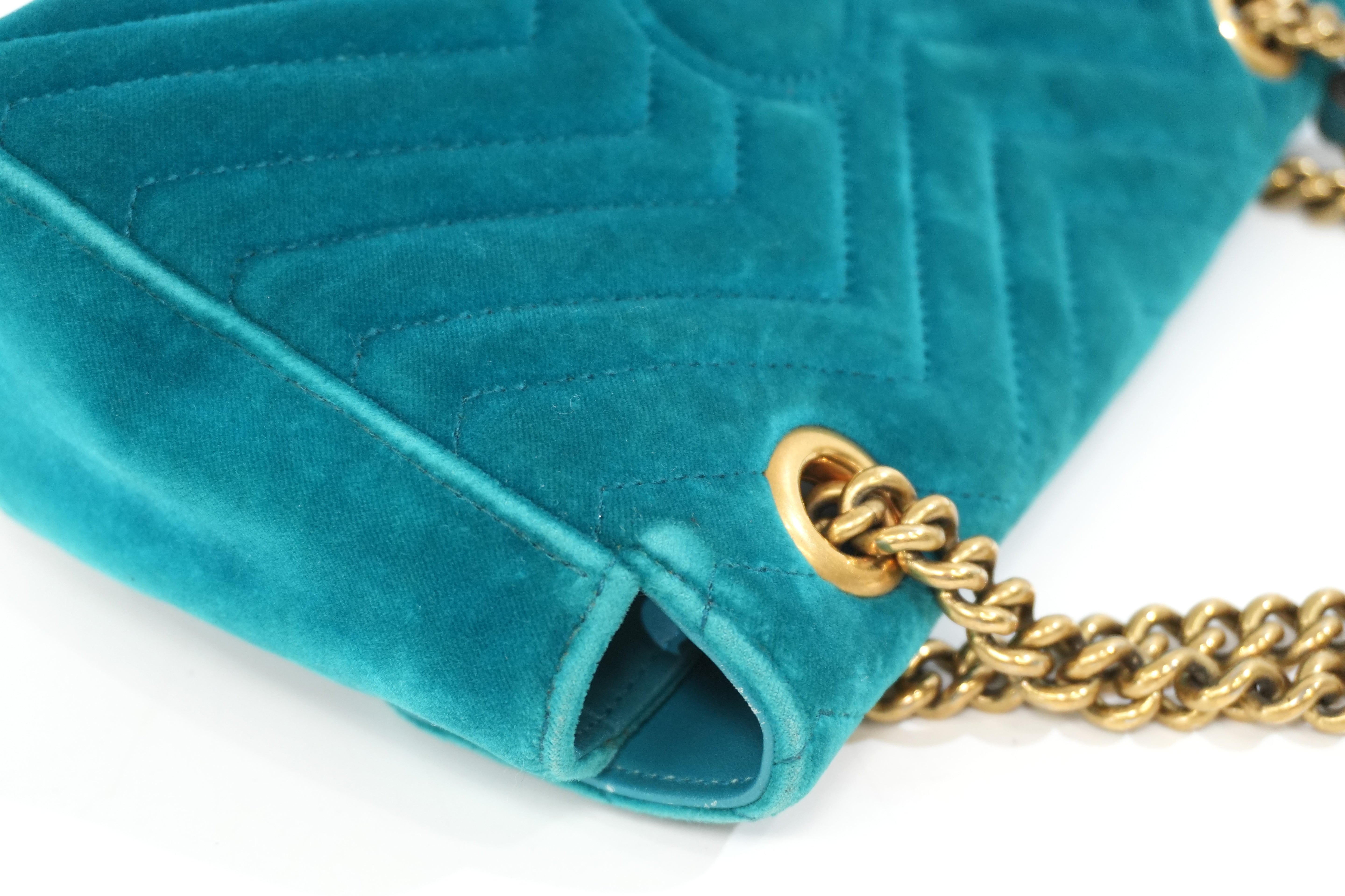 Pre-owned Gucci Velvet Suede Leather Marmont Chain Shoulder Bag Blue Green