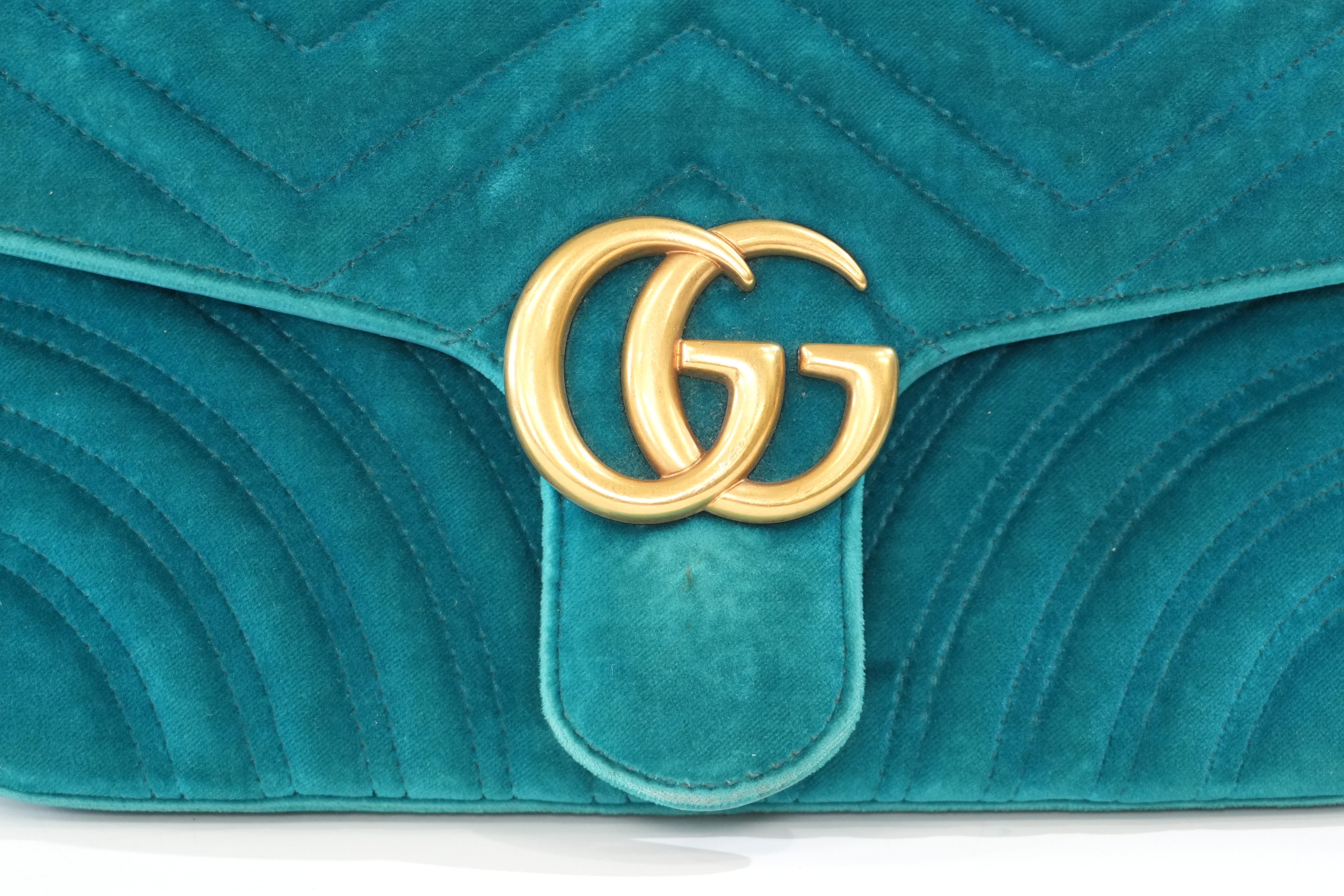 Pre-owned Gucci Velvet Suede Leather Marmont Chain Shoulder Bag Blue Green