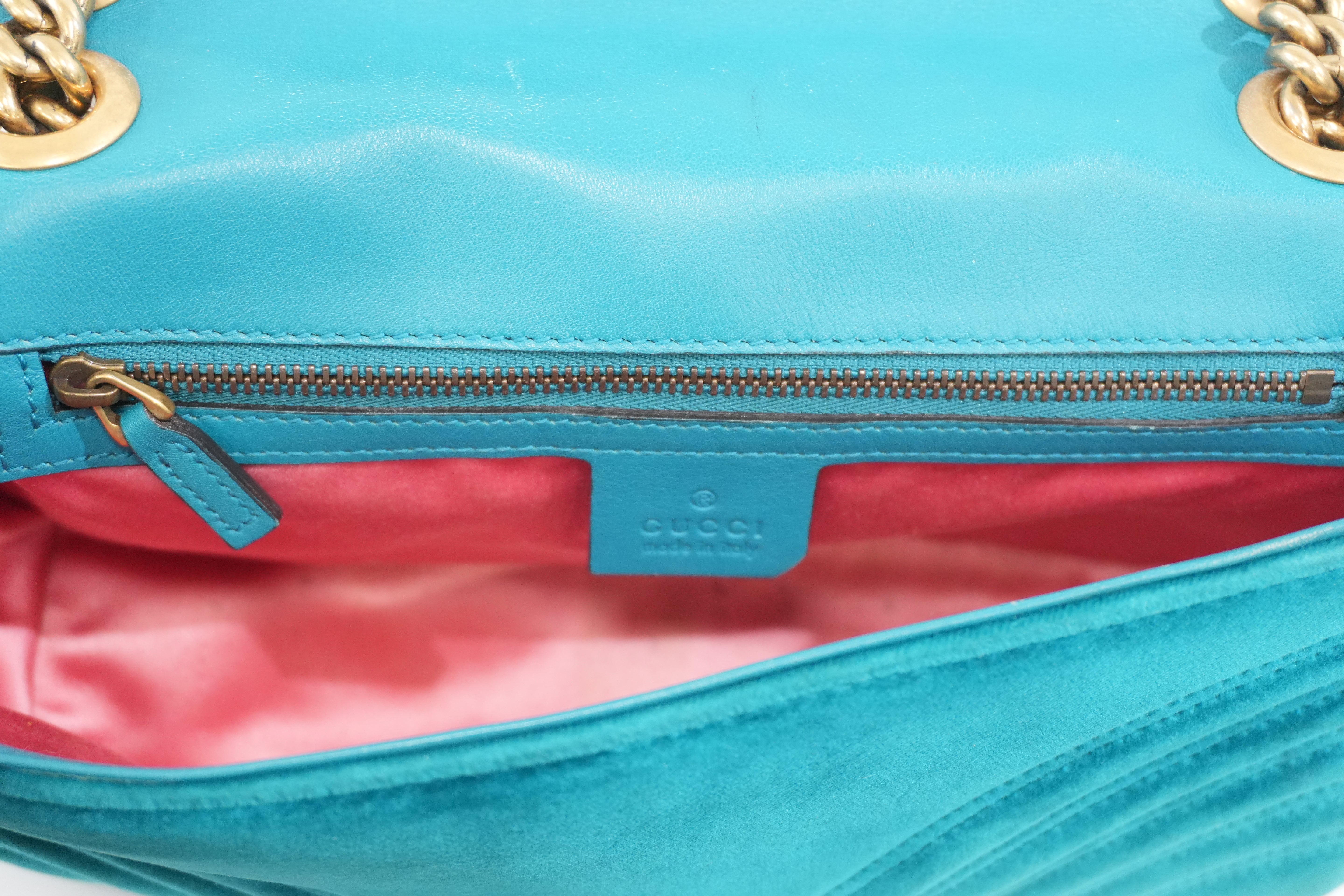 Pre-owned Gucci Velvet Suede Leather Marmont Chain Shoulder Bag Blue Green