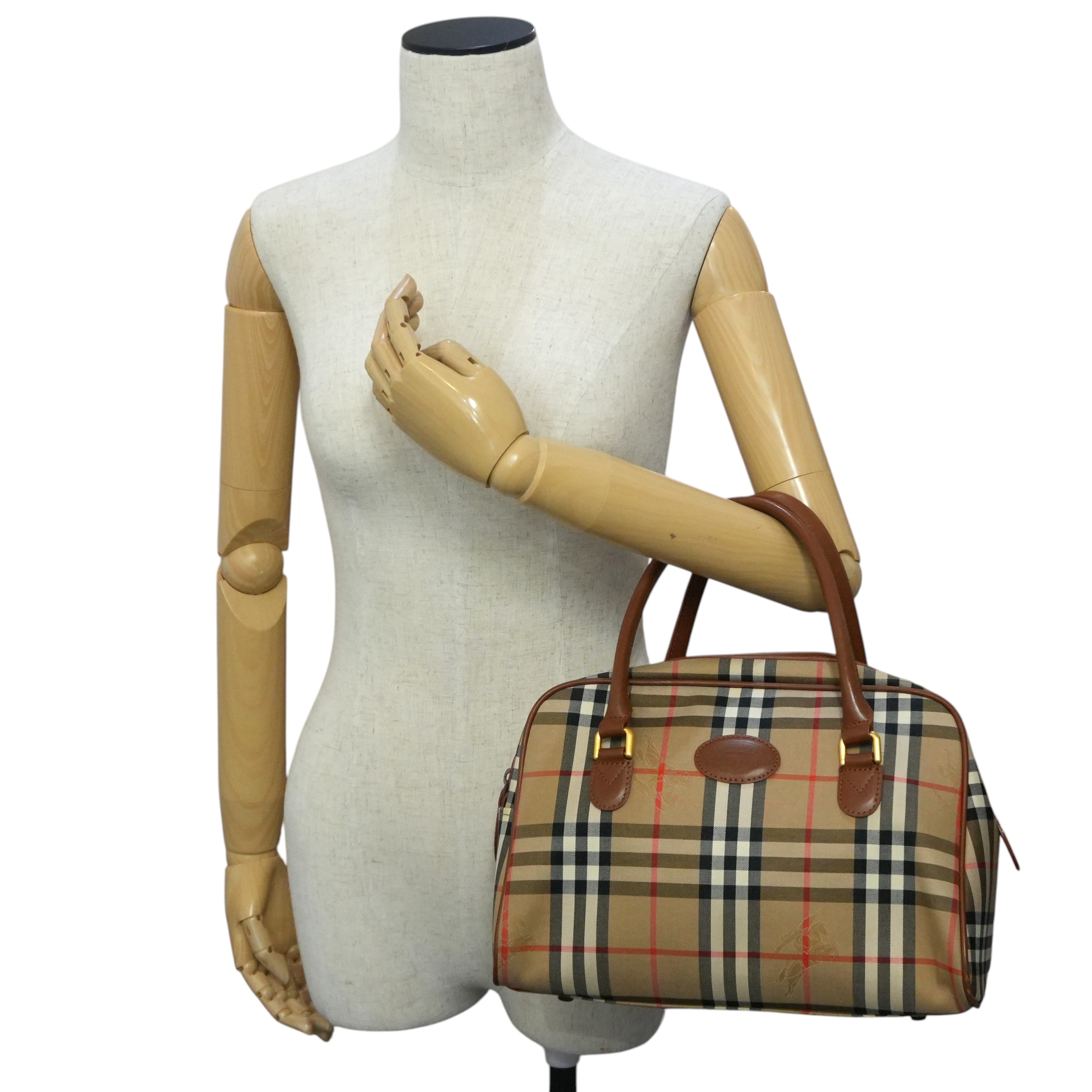 Pre-owned Burberry Haymarket Check Boston Handbag Brown