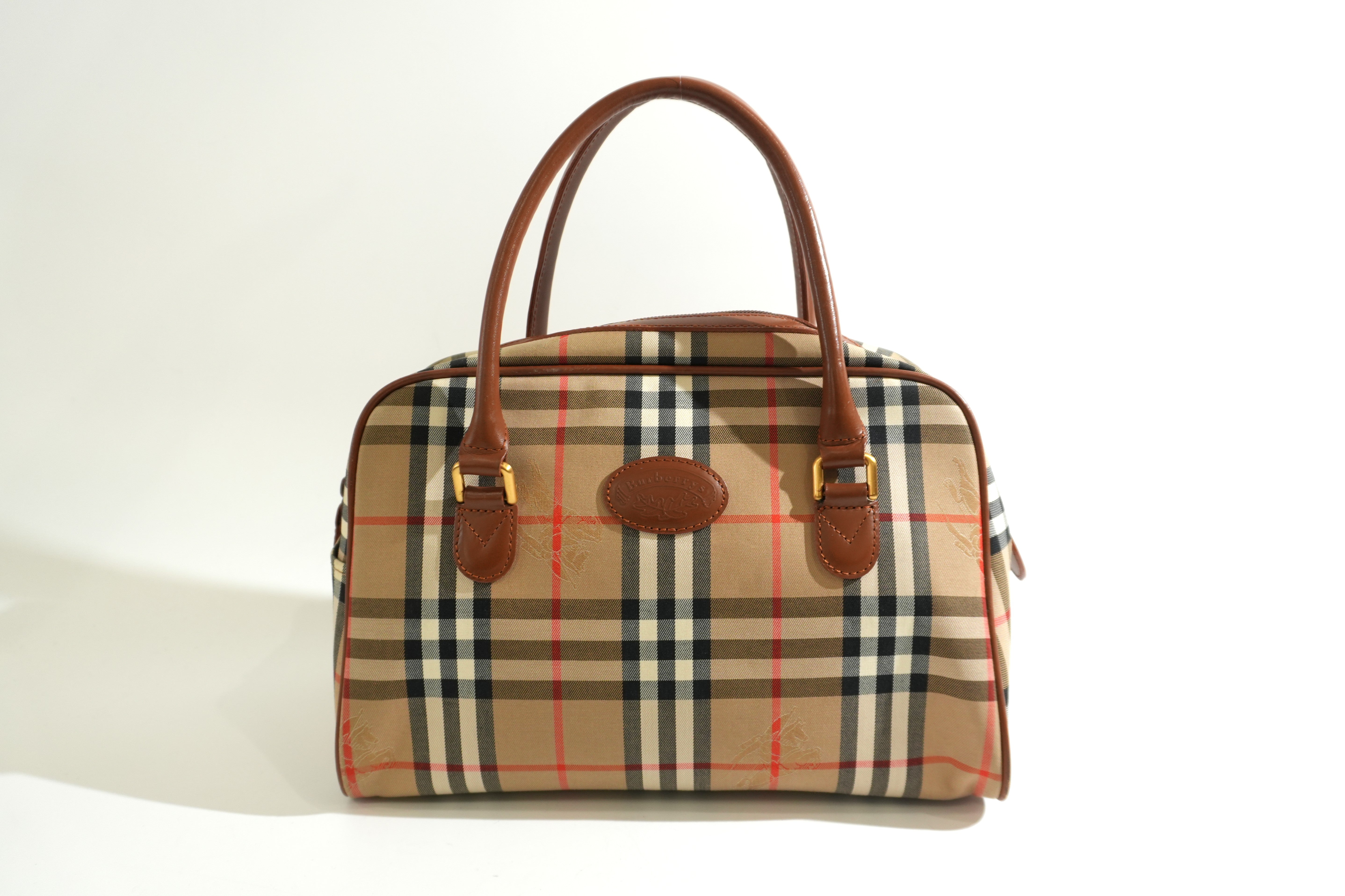 Pre-owned Burberry Haymarket Check Boston Handbag Brown
