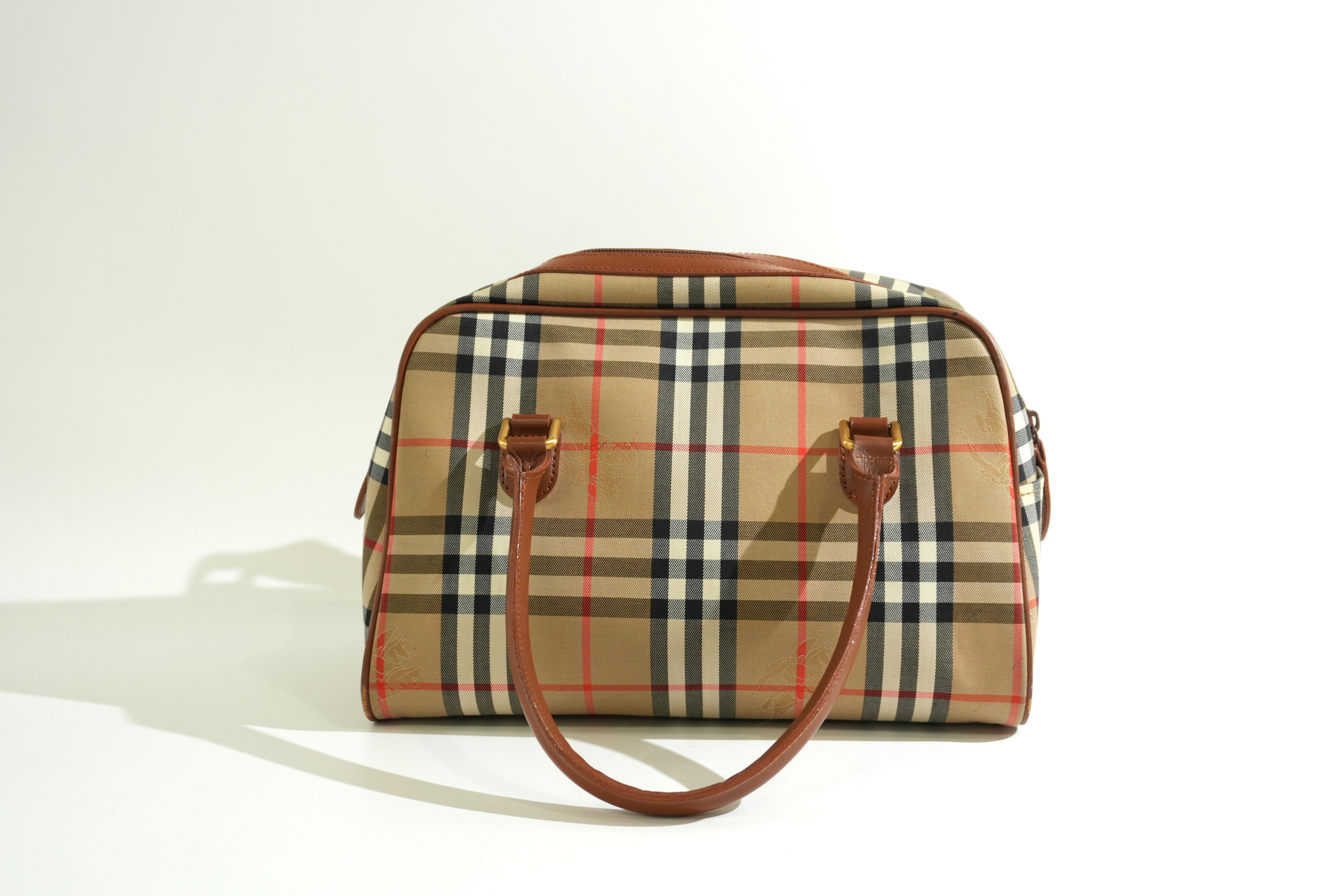 Pre-owned Burberry Haymarket Check Boston Handbag Brown