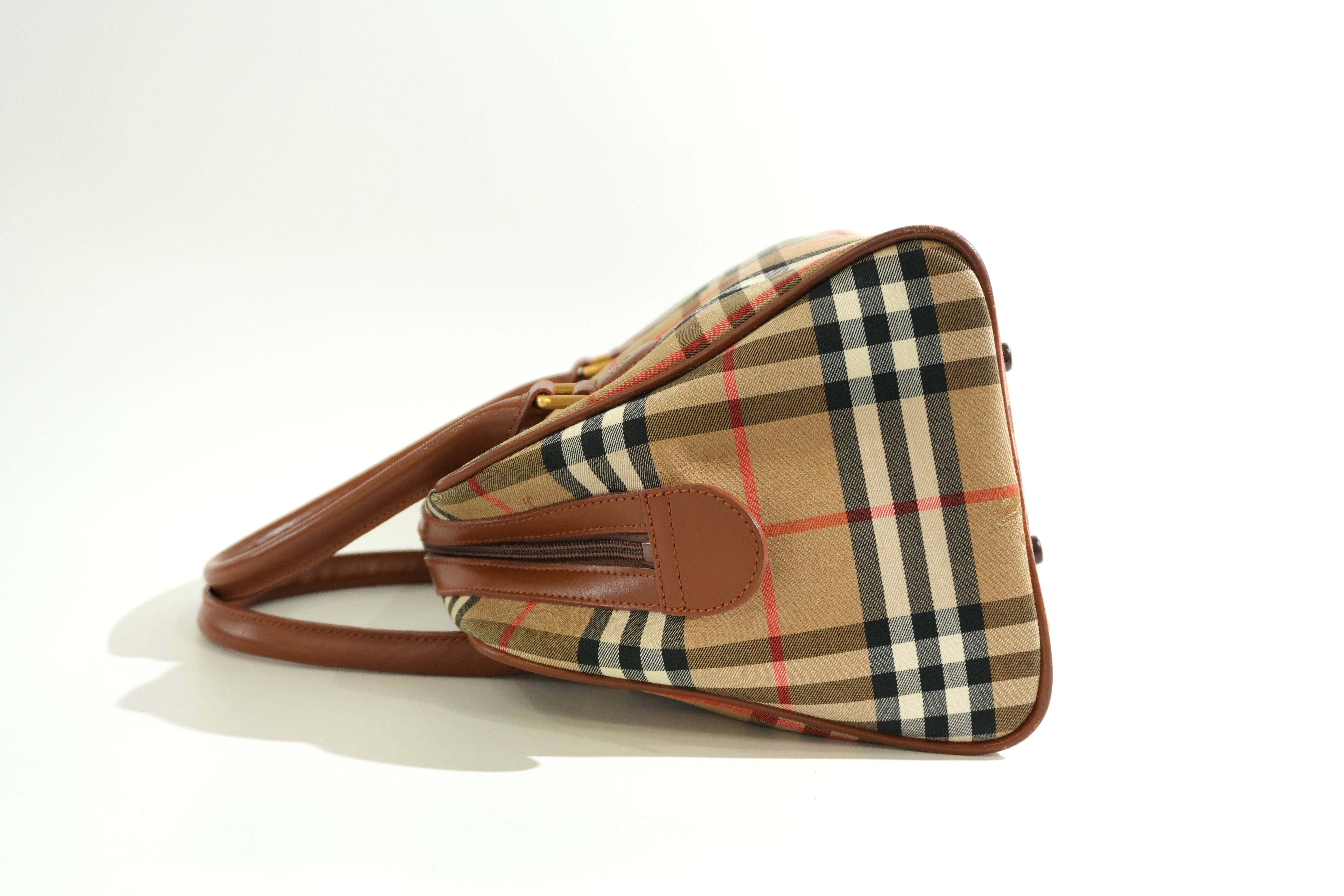 Pre-owned Burberry Haymarket Check Boston Handbag Brown