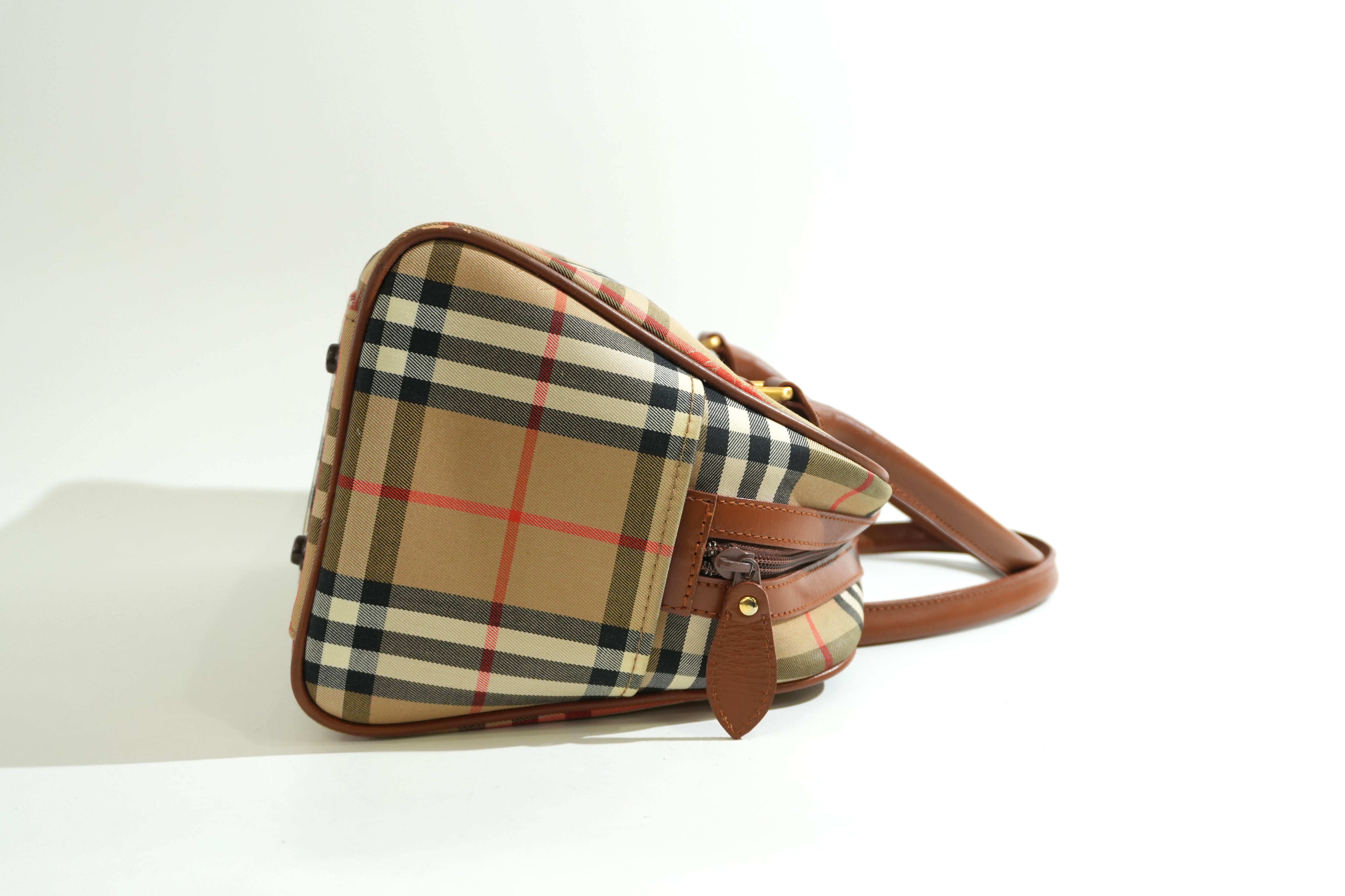Pre-owned Burberry Haymarket Check Boston Handbag Brown