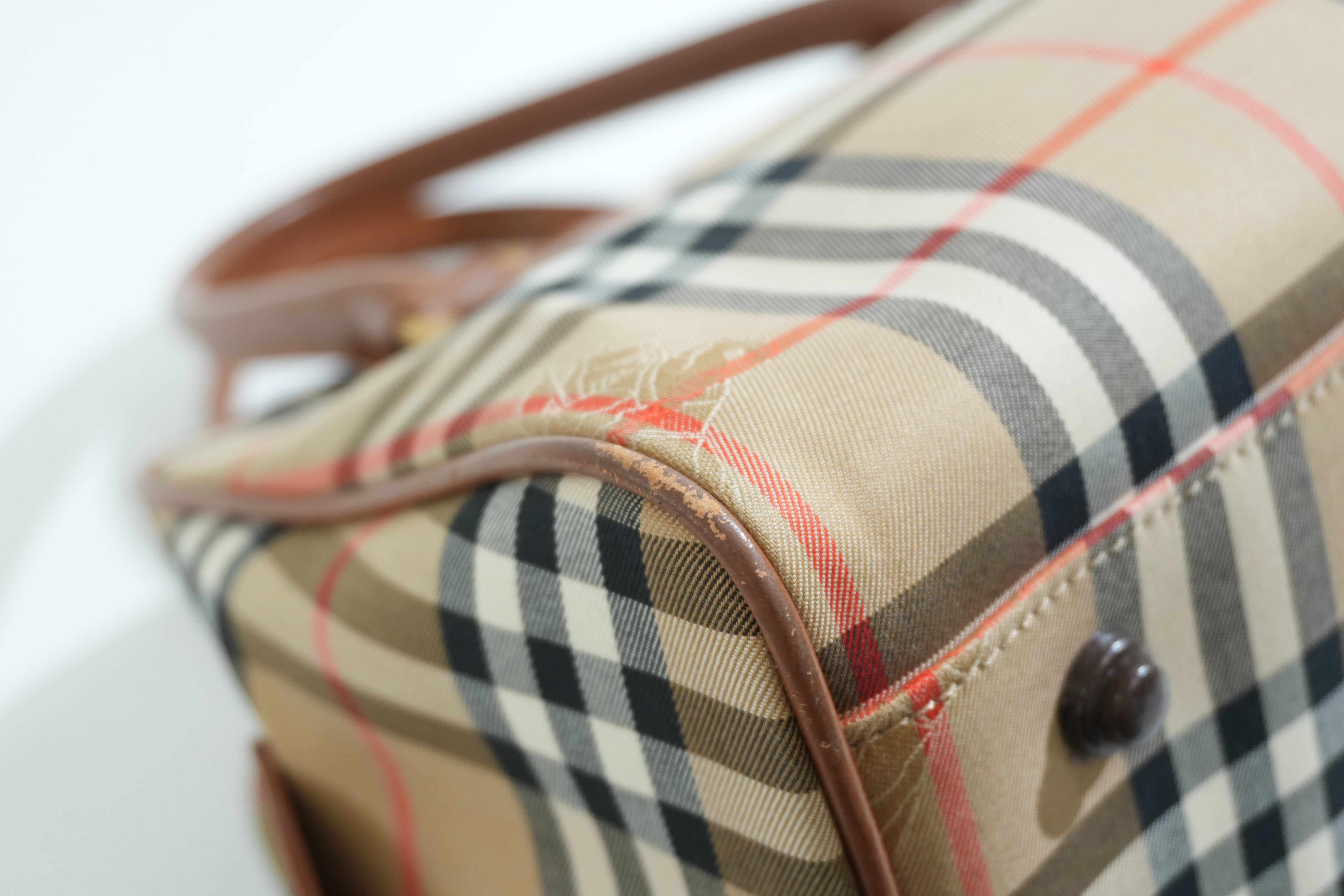 Pre-owned Burberry Haymarket Check Boston Handbag Brown