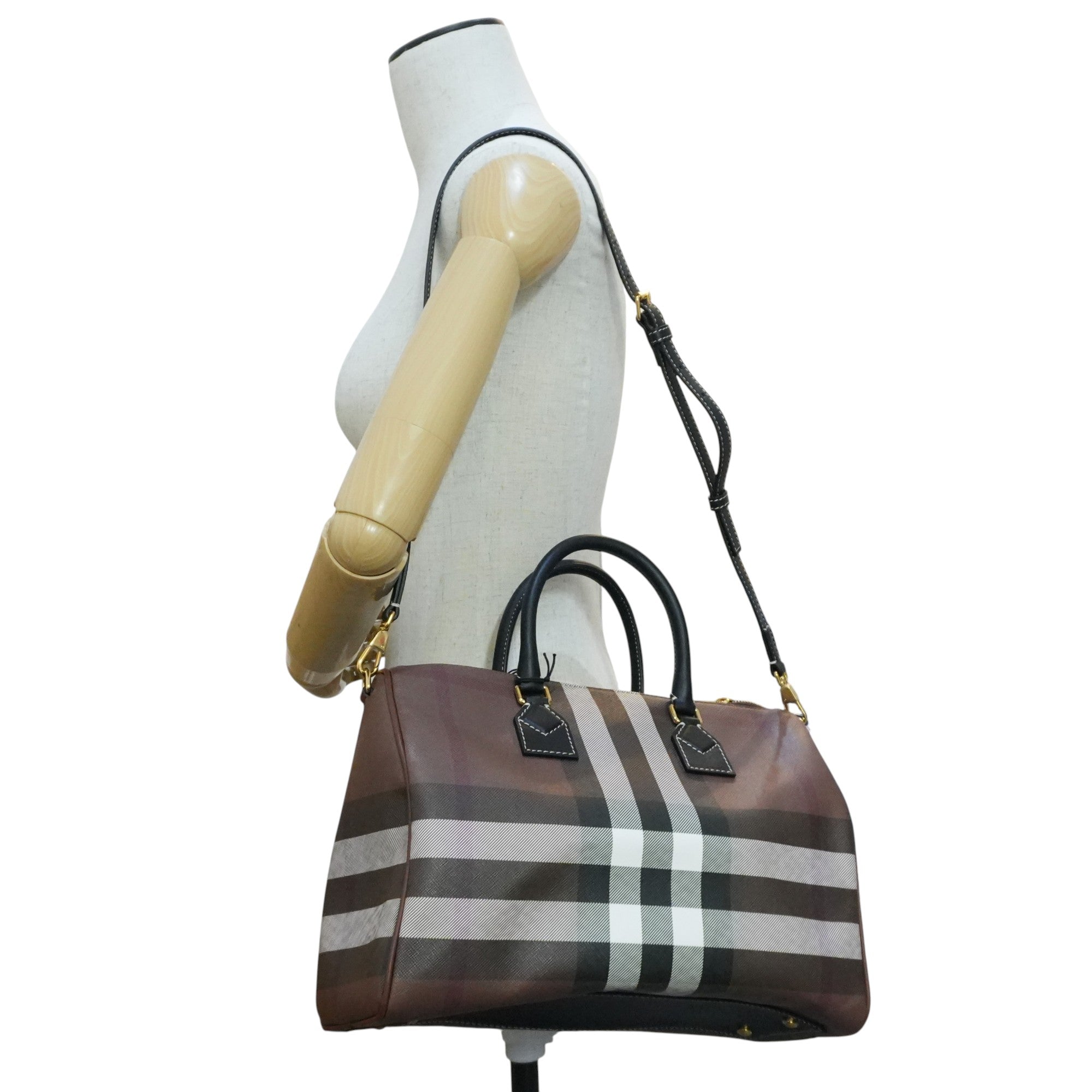 Pre-owned Burberry Two Way Medium Check Bowling Shoulder Bag Brown
