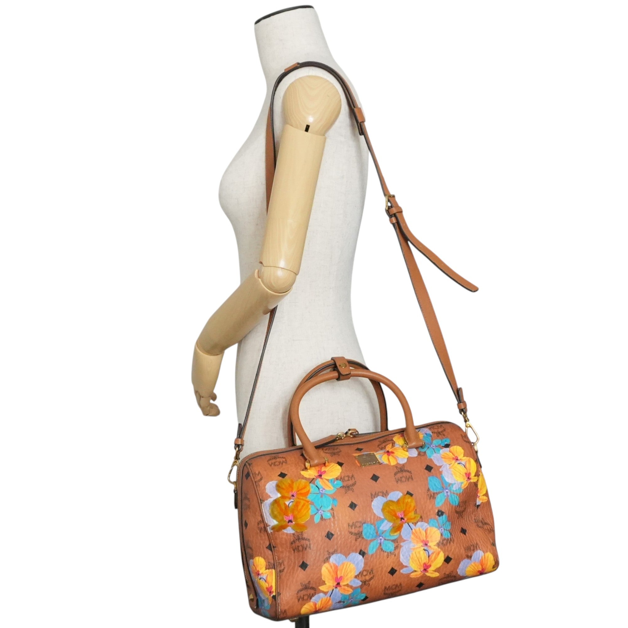 Pre-owned MCM Orchid Floral Two Way Visetos Mini Boston Cognac