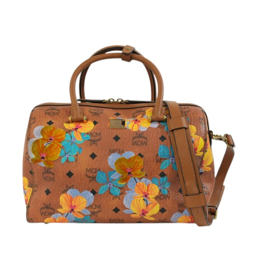 Pre-owned MCM Orchid Floral Two Way Visetos Mini Boston Cognac
