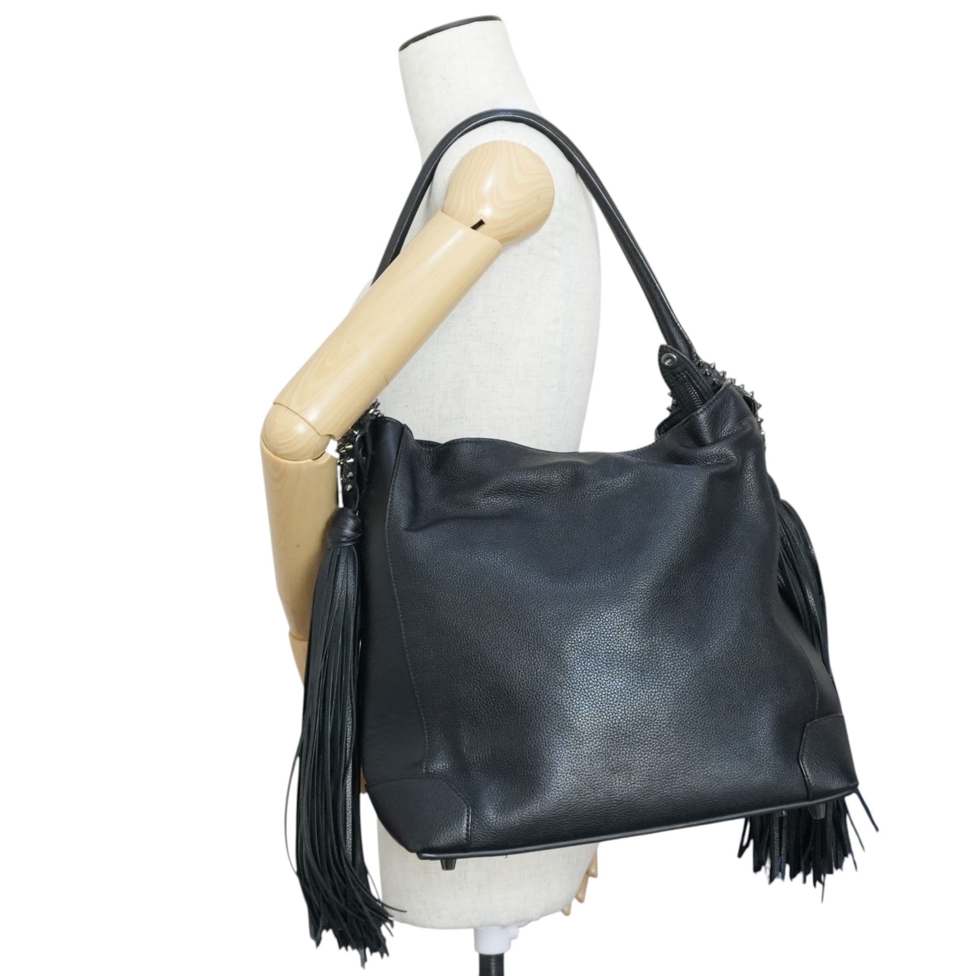 Pre-owned Christian Louboutin Leather Eloise Fringes and Spike Hobo Shoulder Bag Black