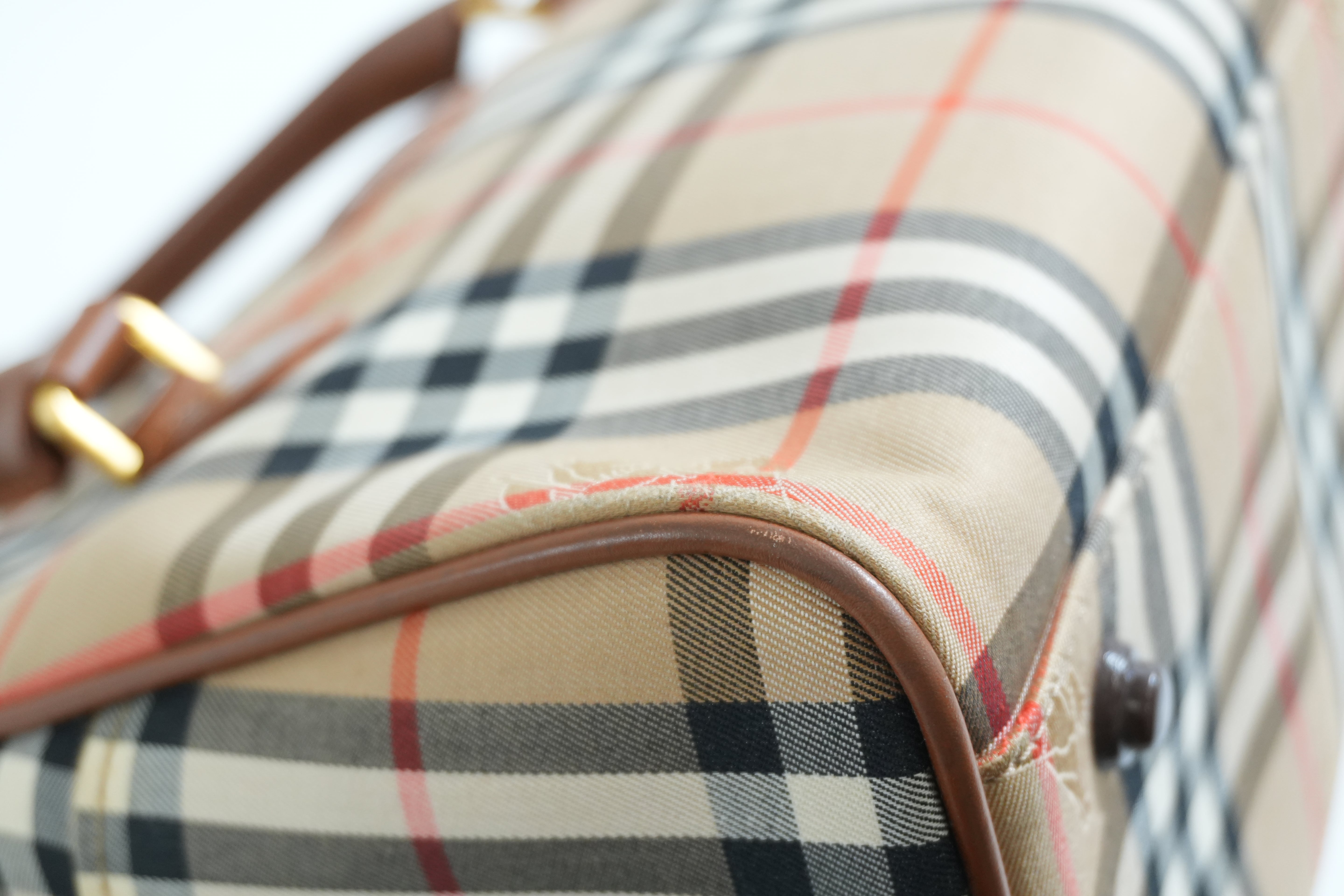 Pre-owned Burberry Haymarket Check Boston Handbag Brown