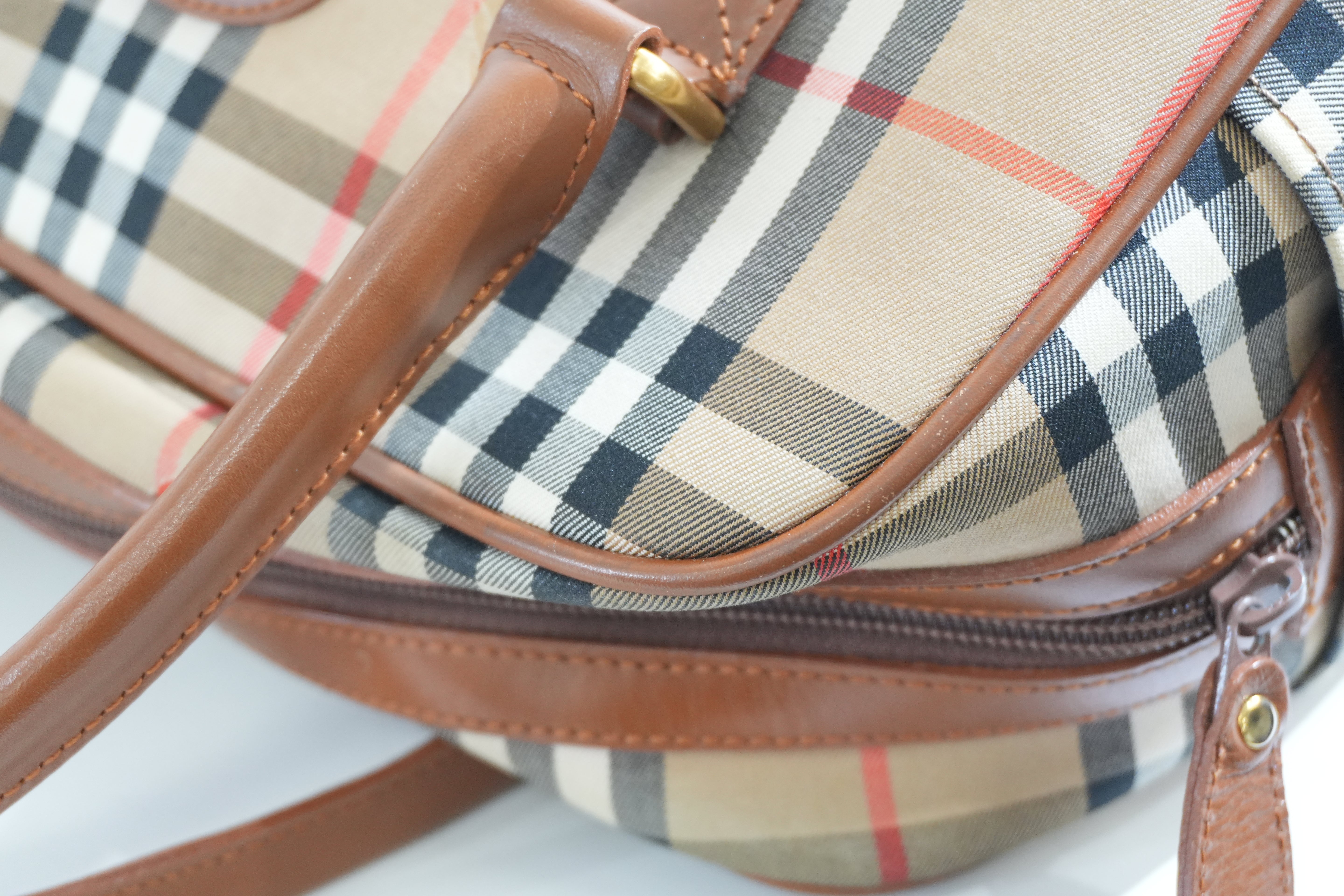 Pre-owned Burberry Haymarket Check Boston Handbag Brown