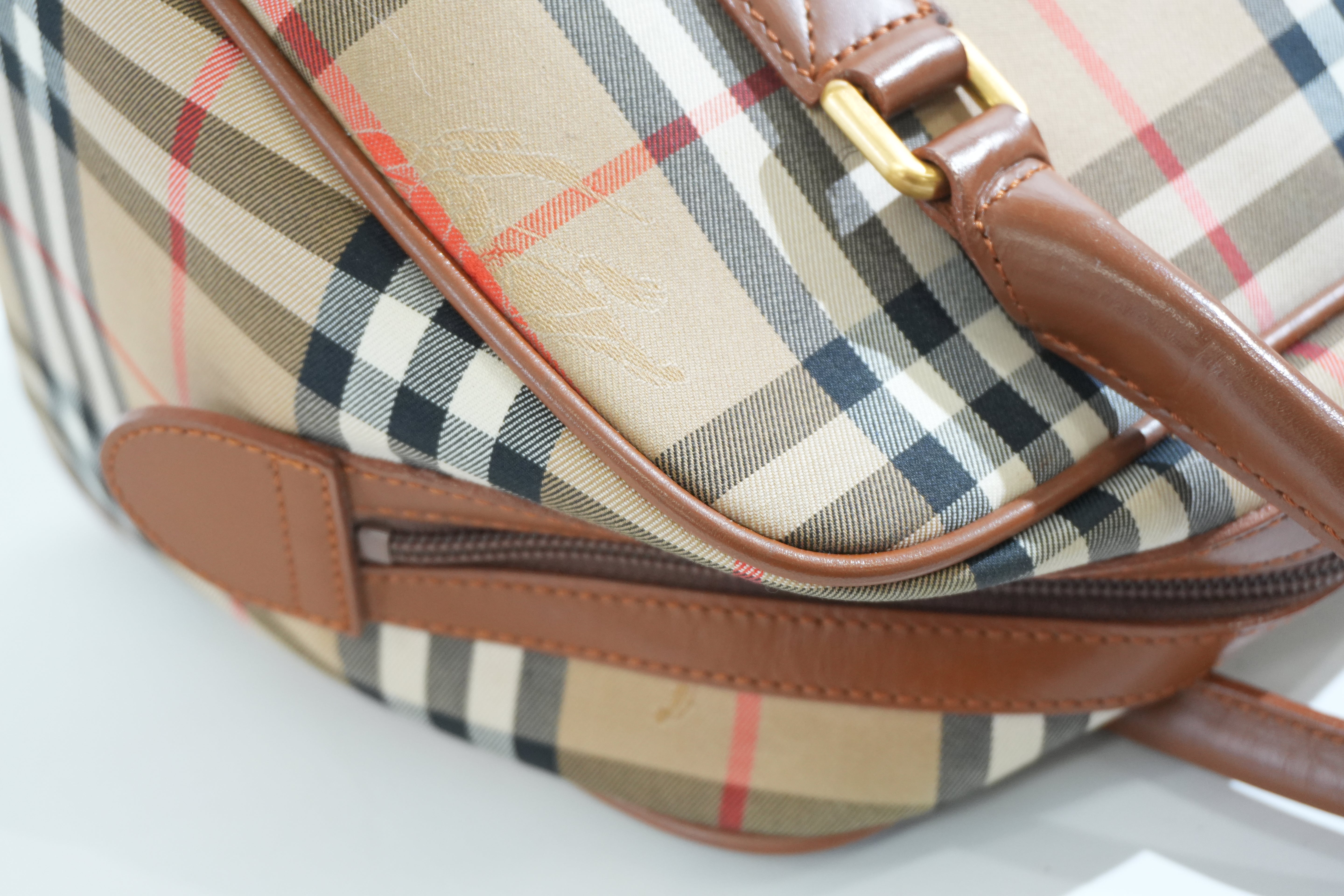 Pre-owned Burberry Haymarket Check Boston Handbag Brown
