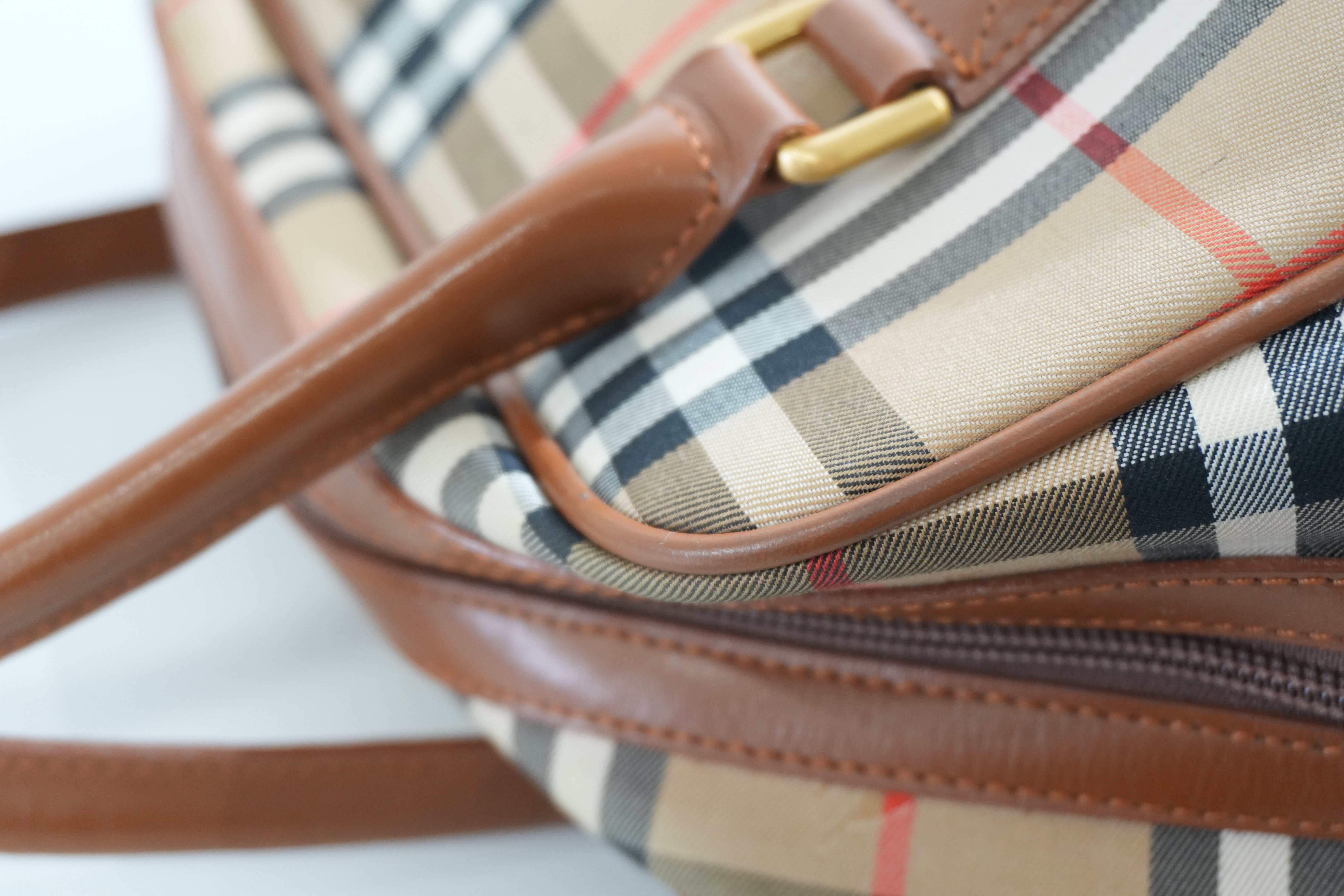 Pre-owned Burberry Haymarket Check Boston Handbag Brown