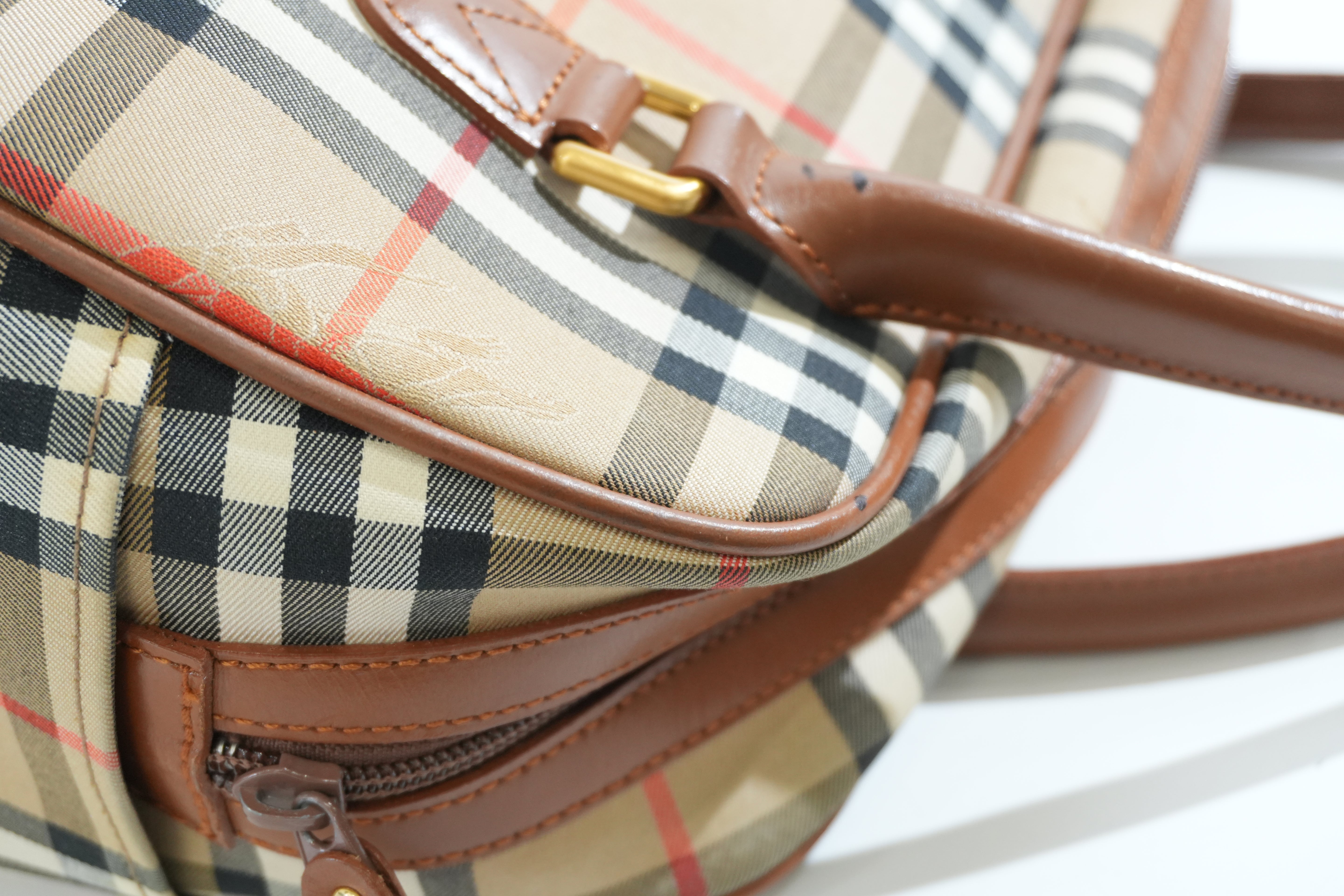 Pre-owned Burberry Haymarket Check Boston Handbag Brown