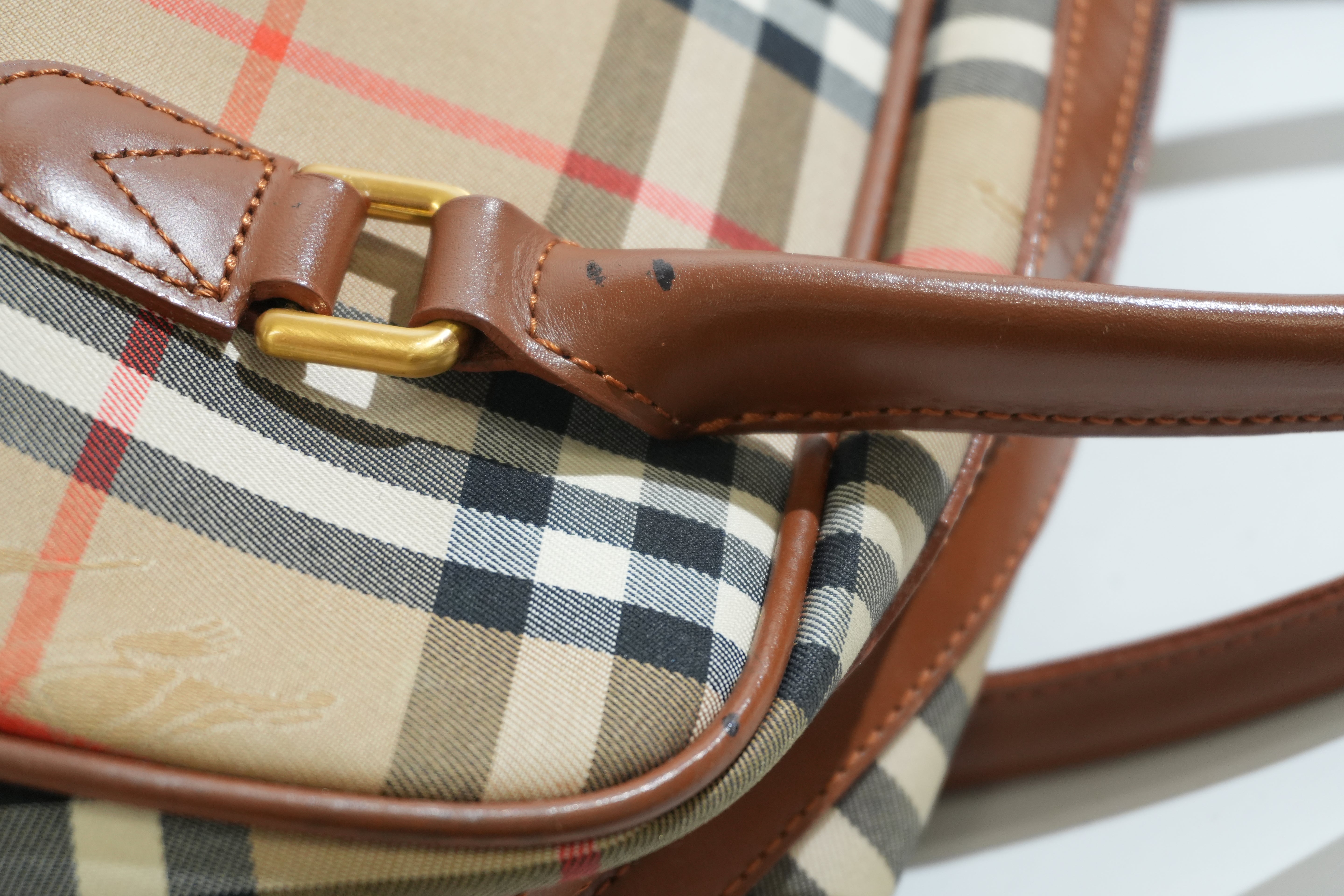 Pre-owned Burberry Haymarket Check Boston Handbag Brown