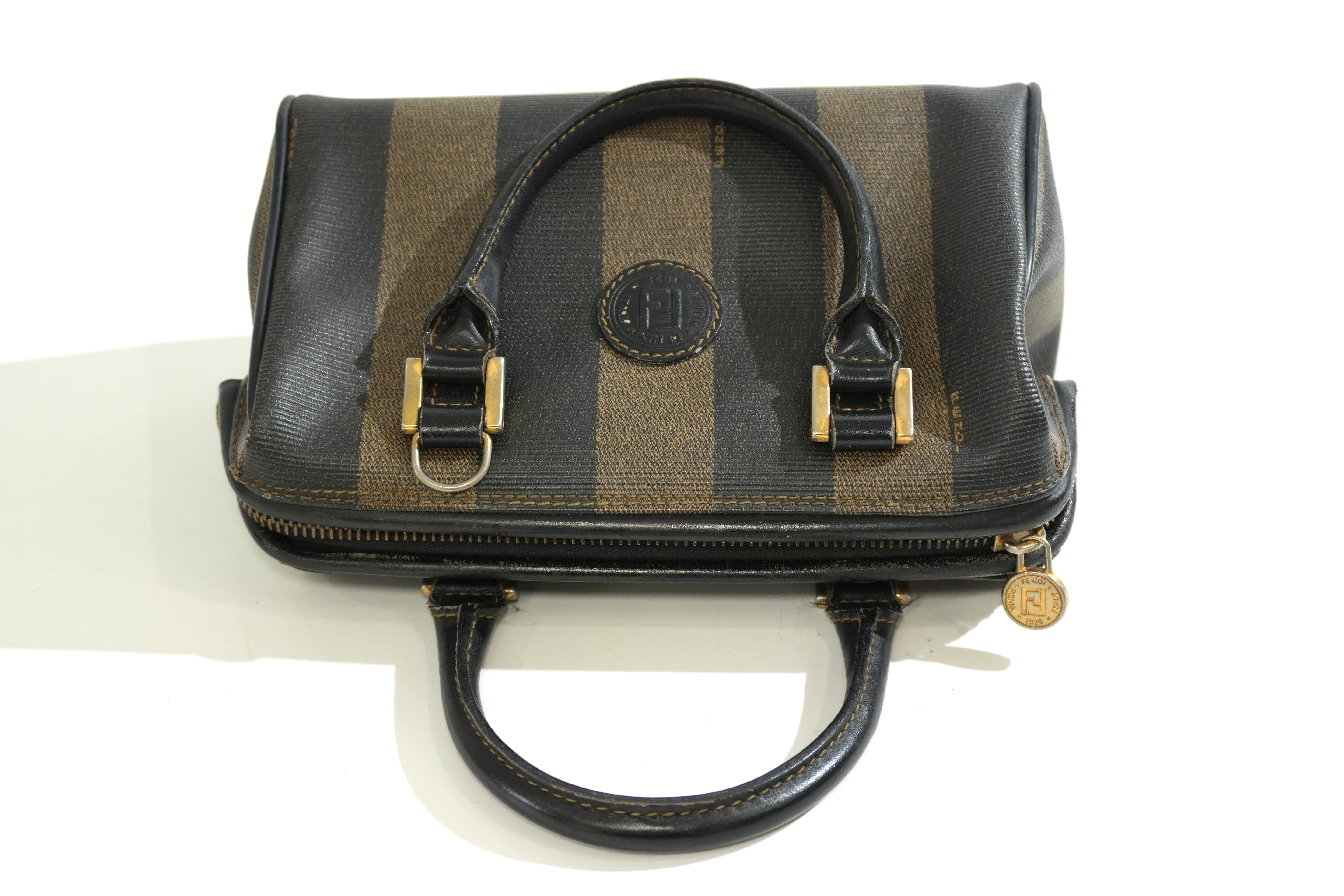 Pre-owned Fendi Pequin Mini Boston Handbag Brown