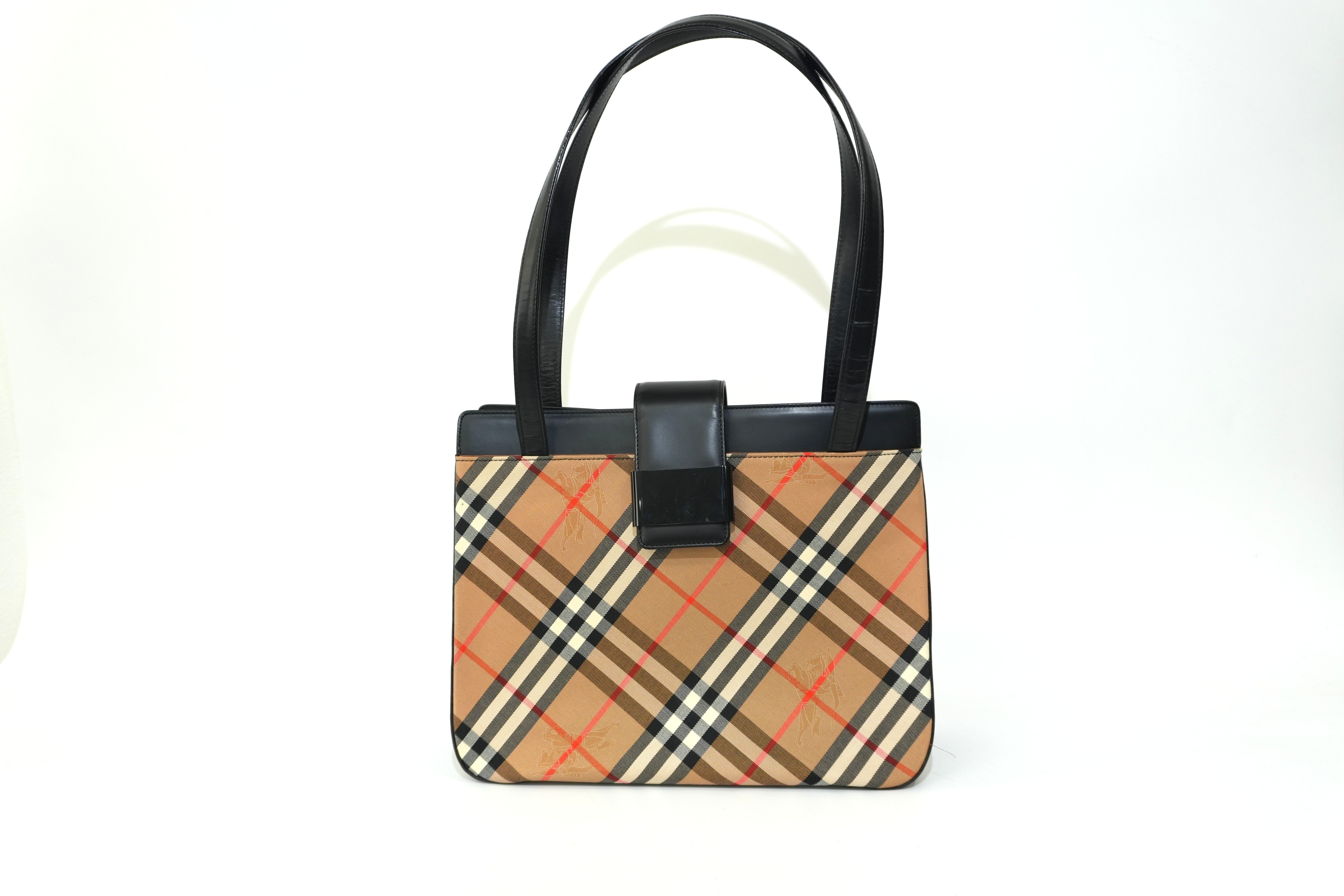 Pre-owned Burberry Leather Haymarket Tote Bag Beige and Black
