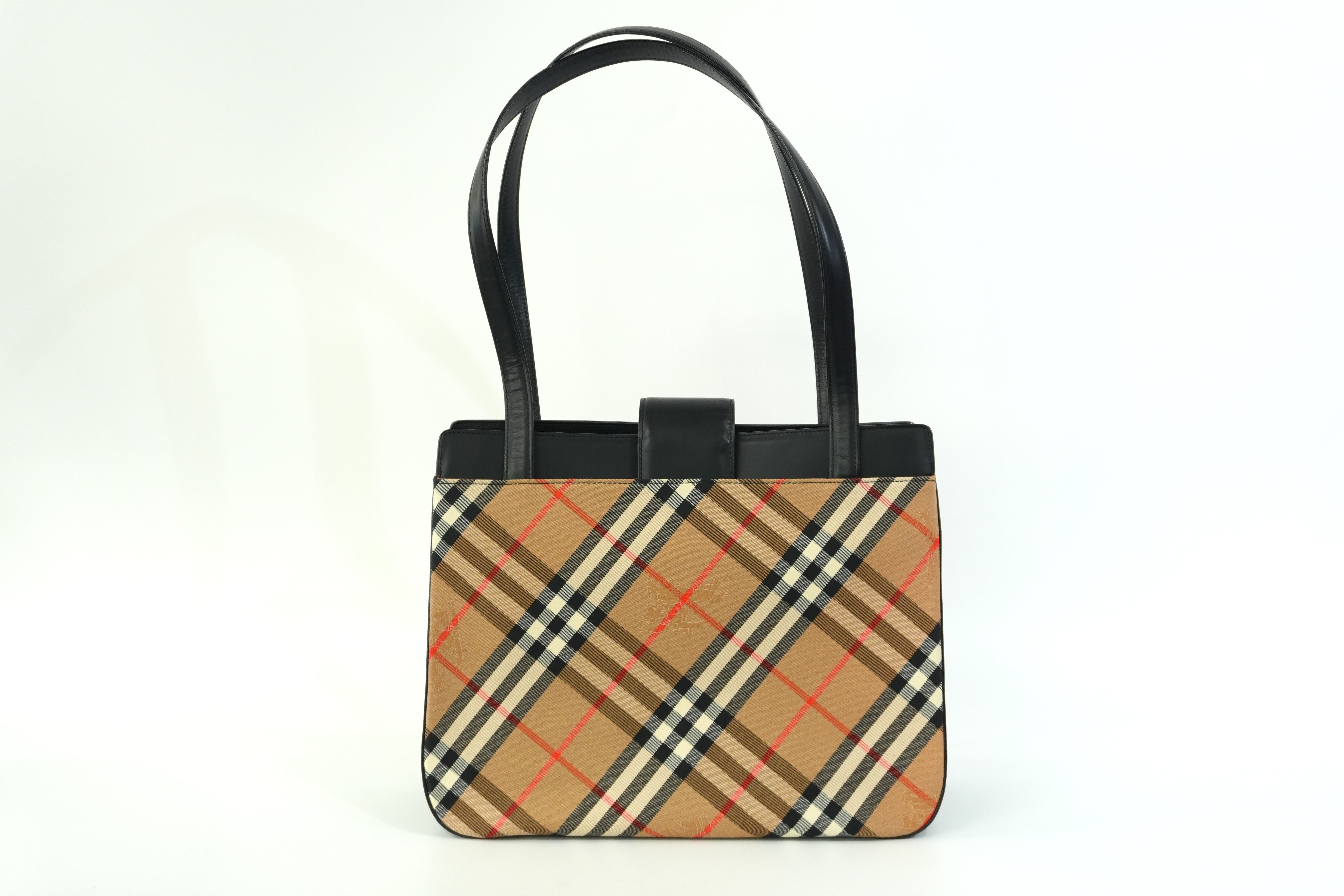 Pre-owned Burberry Leather Haymarket Tote Bag Beige and Black