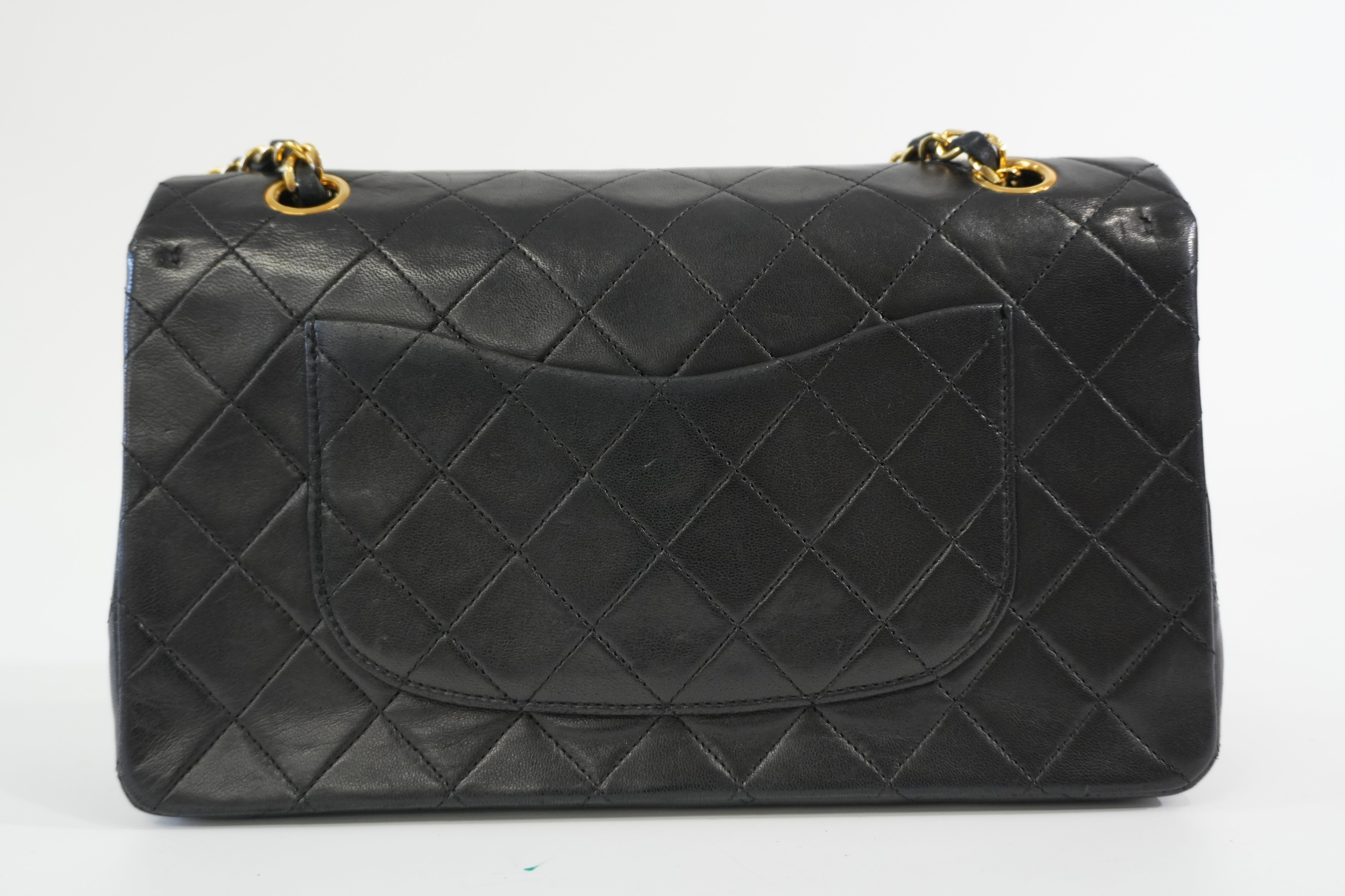 Pre-owned Chanel Lambskin Leather Double Flap Chain Shoulder Bag Black