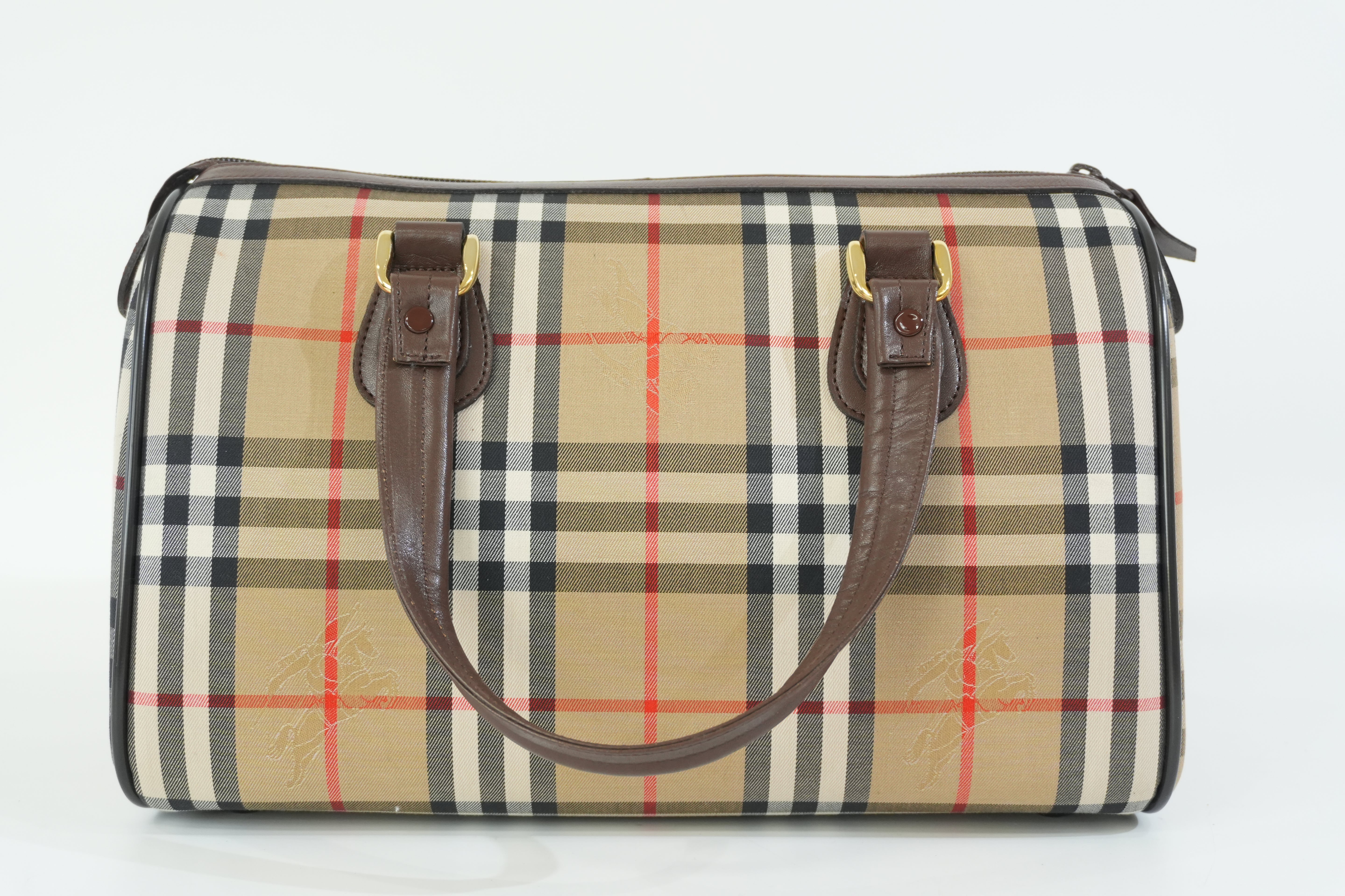 Pre-owned Burberry Haymarket Boston Handbag Brown