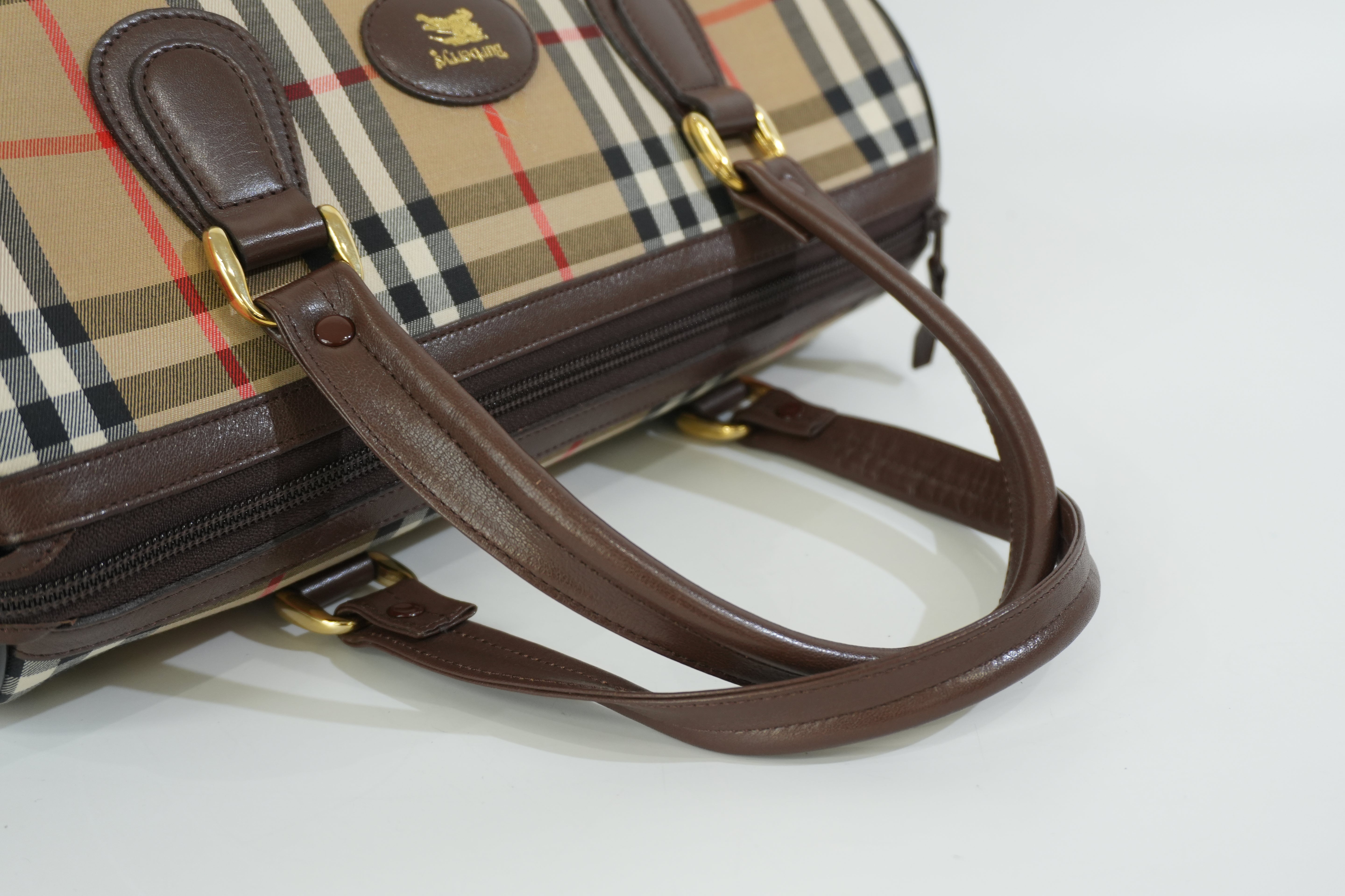 Pre-owned Burberry Haymarket Boston Handbag Brown