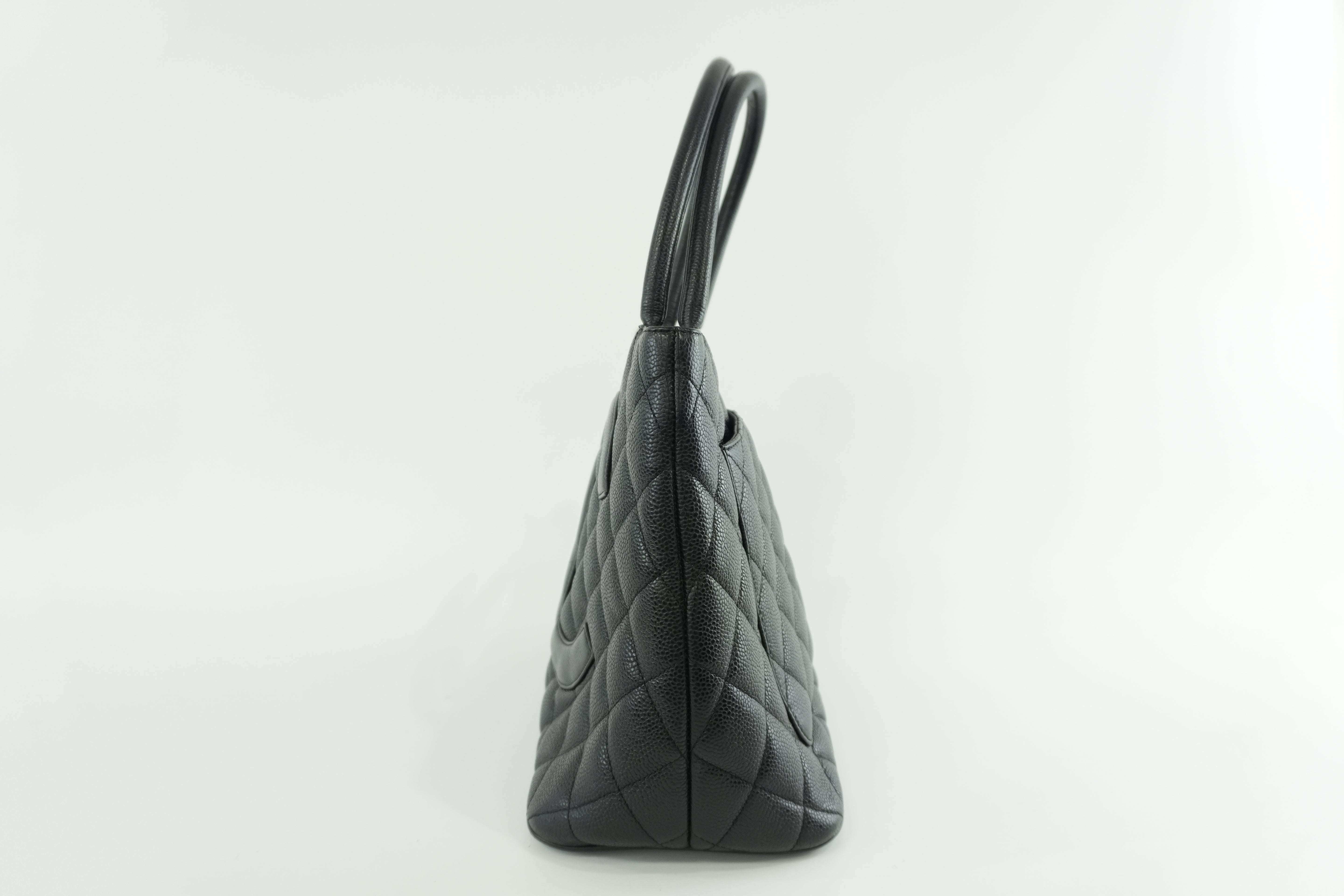 Pre-owned Chanel Medallion Caviar Tote Bag Silver Hardware Black Used