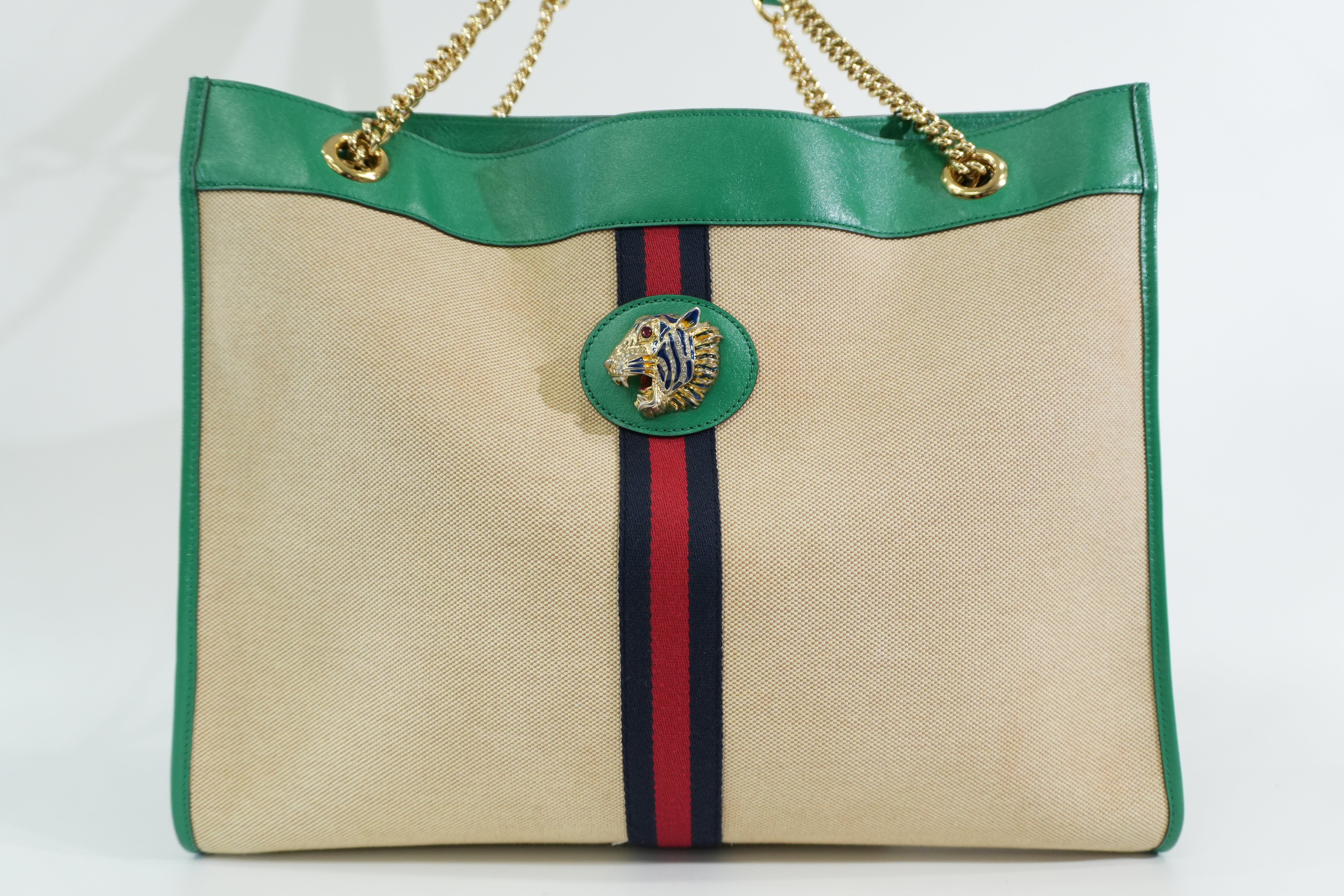Pre-owned Gucci Rajah Tote Bag Ivory and Green