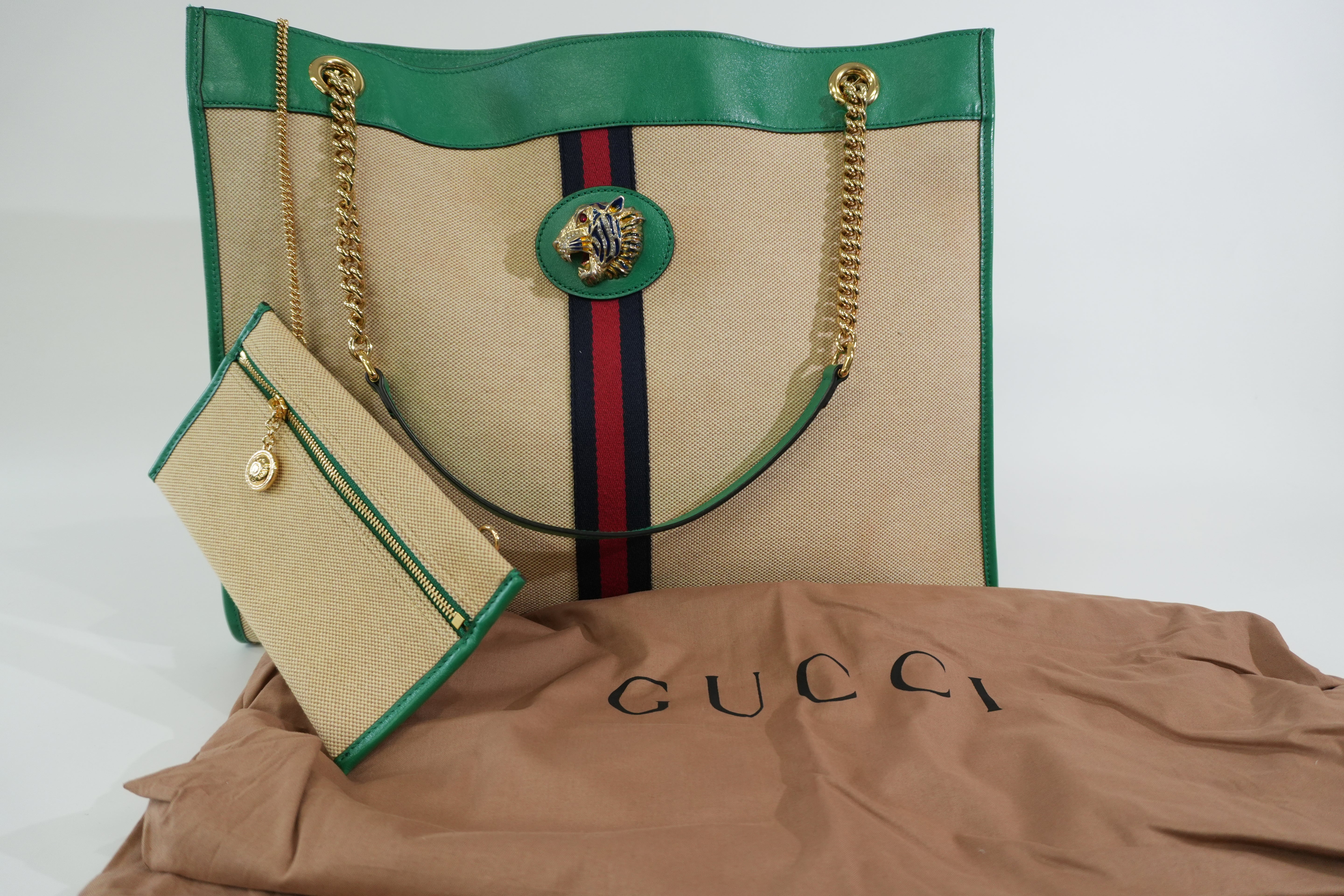 Pre-owned Gucci Rajah Tote Bag Ivory and Green