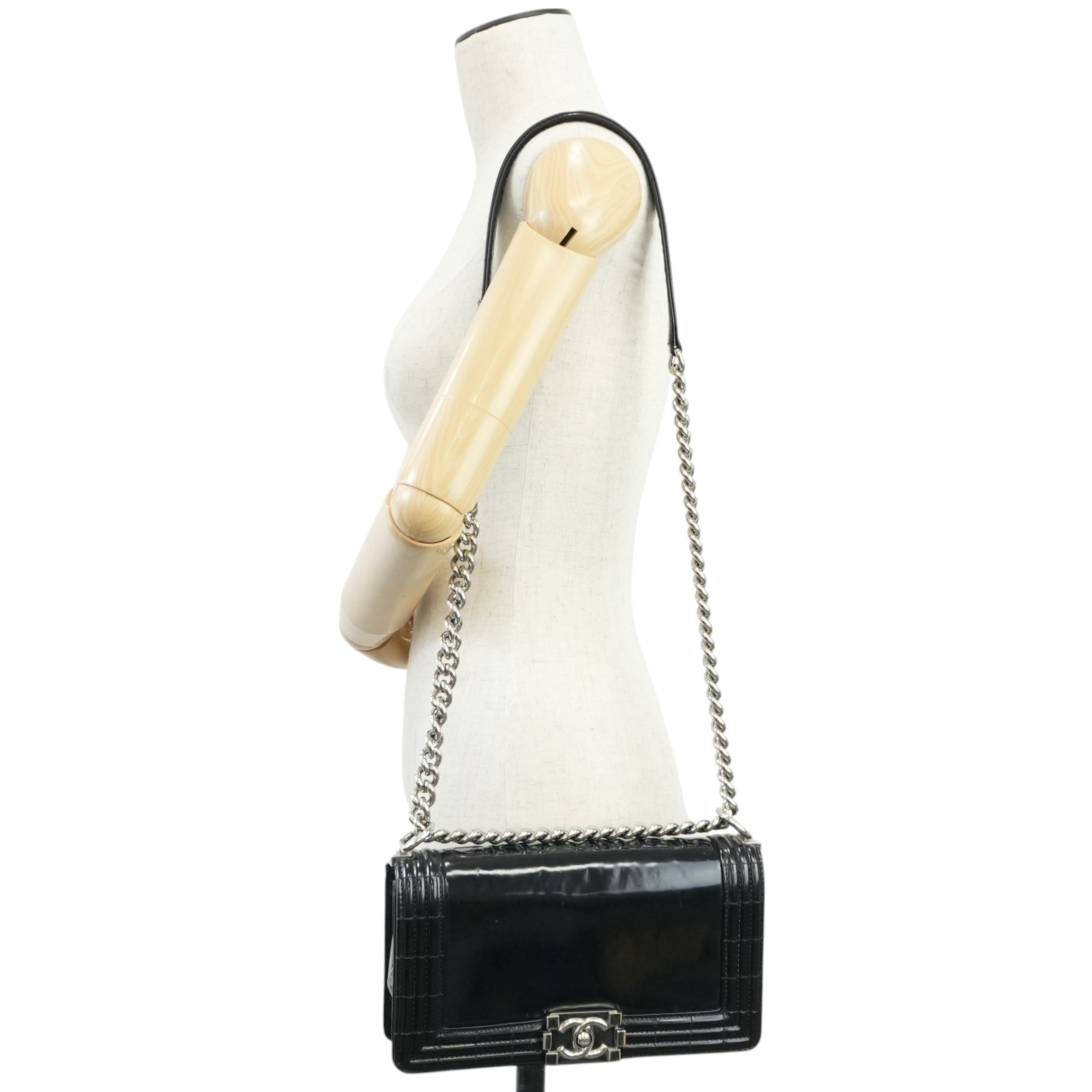 Chanel Shiny Calf Skin Boy Shoulder Bag Black Used