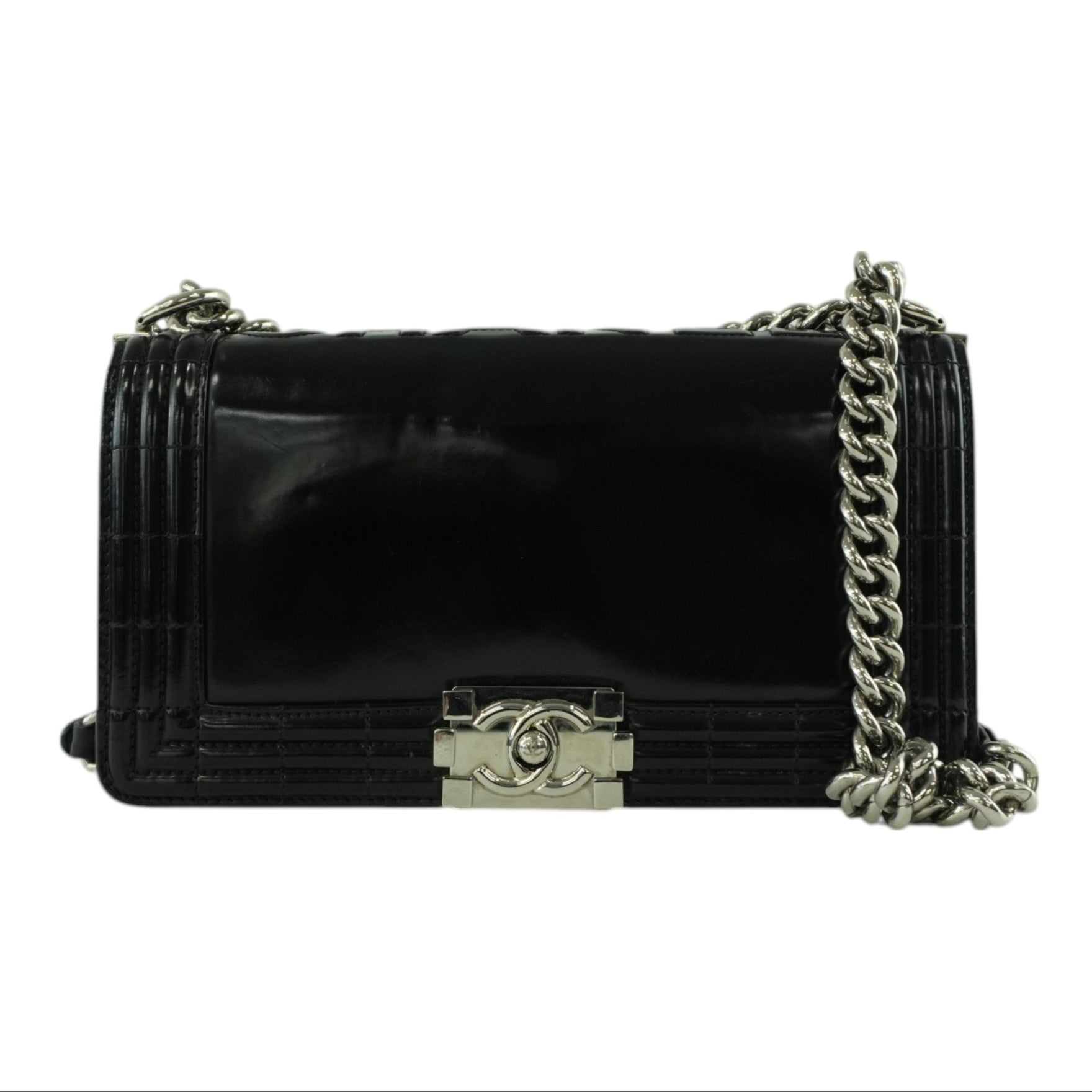 Chanel Shiny Calf Skin Boy Shoulder Bag Black Used
