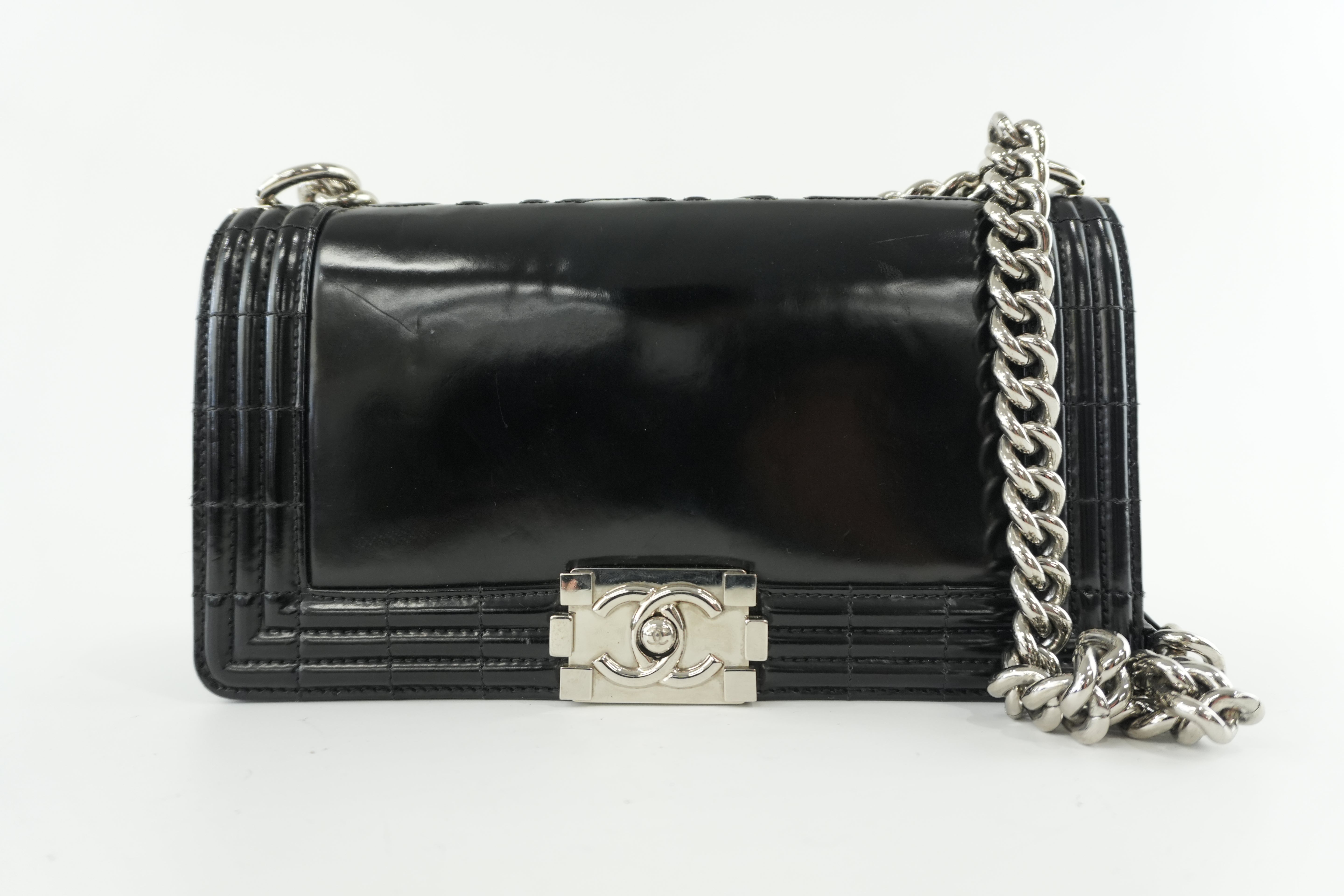 Chanel Shiny Calf Skin Boy Shoulder Bag Black Used